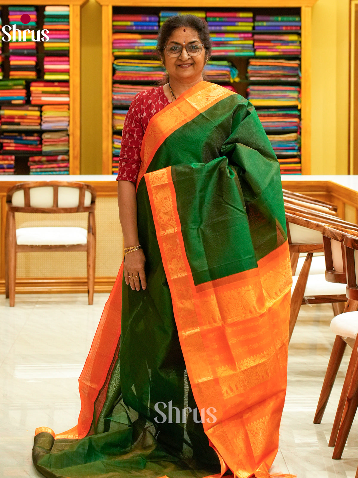 Bottle Green Silk Cotton Saree with Lines and Vaira Oosi | Orange Contrast Border