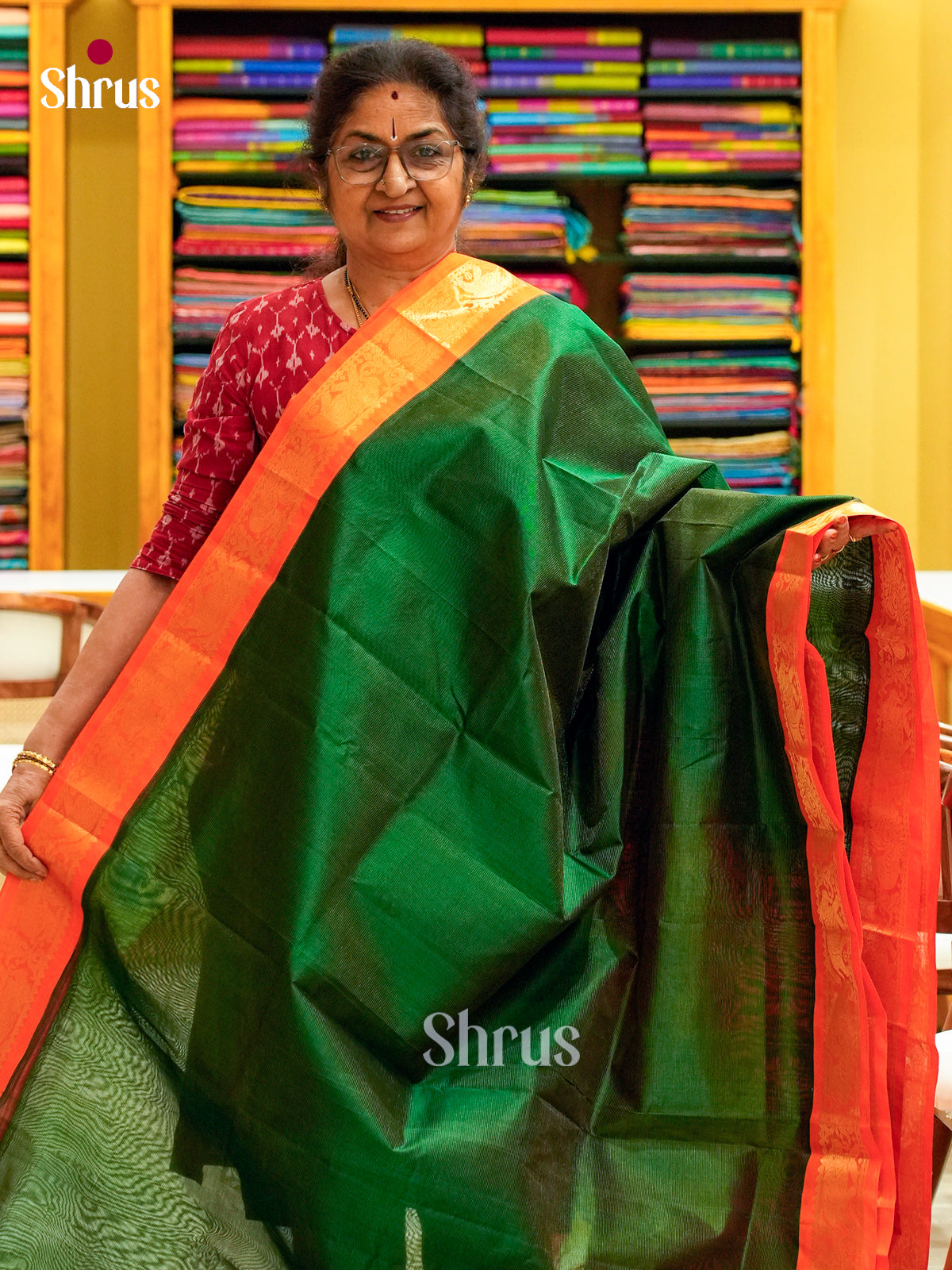 Bottle Green Silk Cotton Saree with Lines and Vaira Oosi | Orange Contrast Border