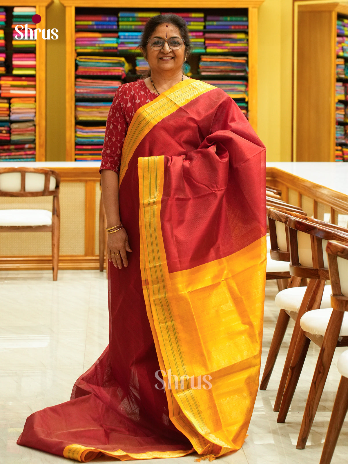 Dark Red Silk Cotton Saree with Lines and Vaira Oosi | Mustard Contrast Border