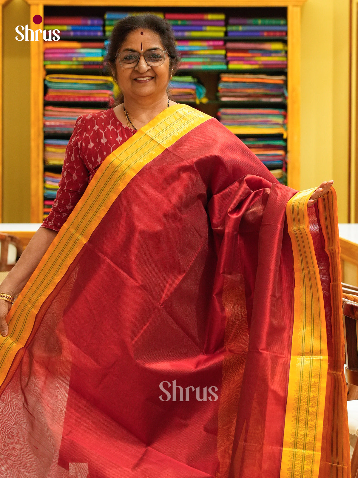 Dark Red Silk Cotton Saree with Lines and Vaira Oosi | Mustard Contrast Border