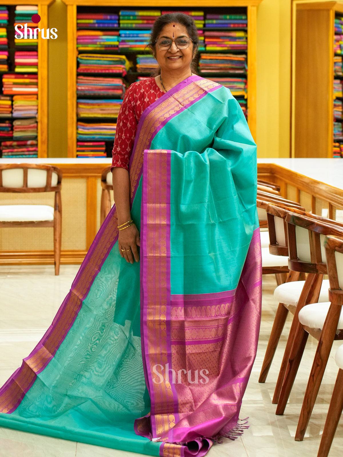 Teal Green Silk Cotton Saree with Lines and Vaira Oosi | Pink Contrast Border