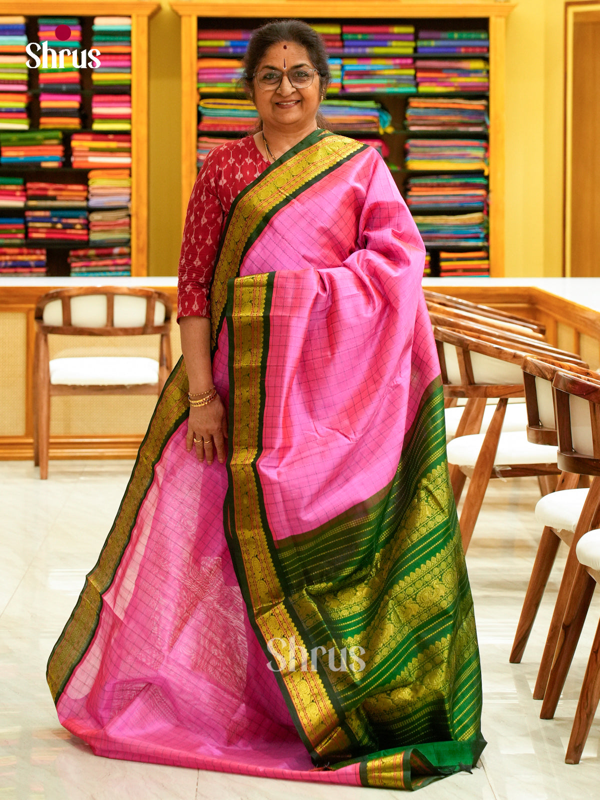 Pink Silk Cotton Saree with Checks | Bottle Green Contrast Border