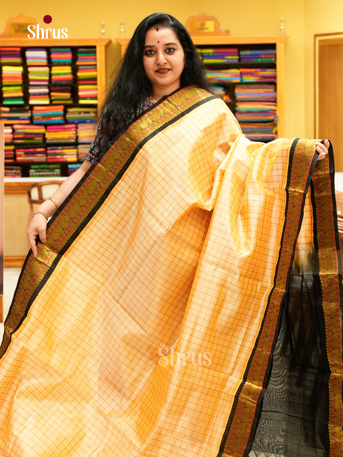 Peach Silk Cotton Saree with Checks | Brown Contrast Border