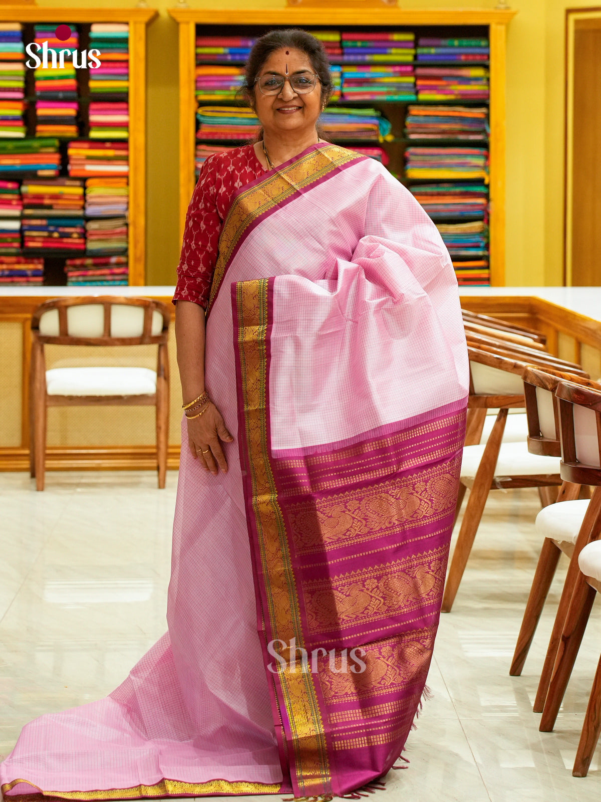 Baby Pink Silk Cotton Saree with Checks | Magenta Contrast Border