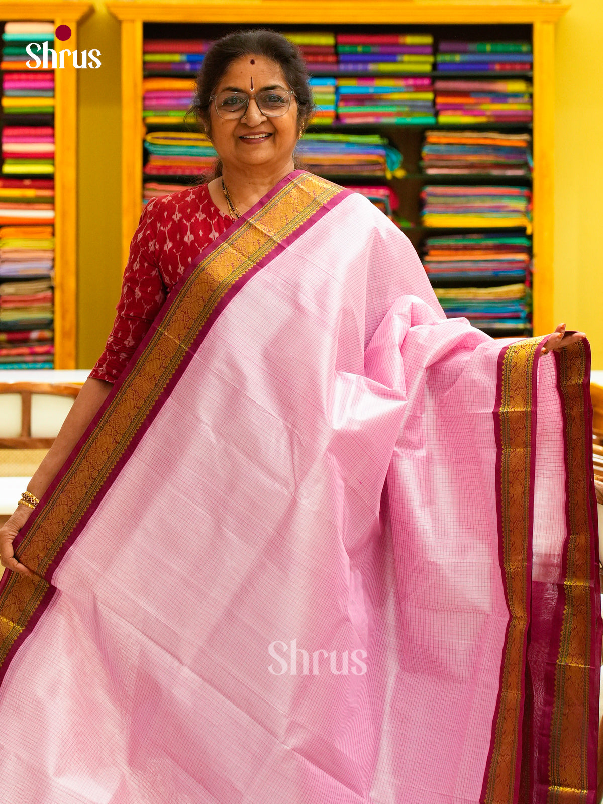 Baby Pink Silk Cotton Saree with Checks | Magenta Contrast Border