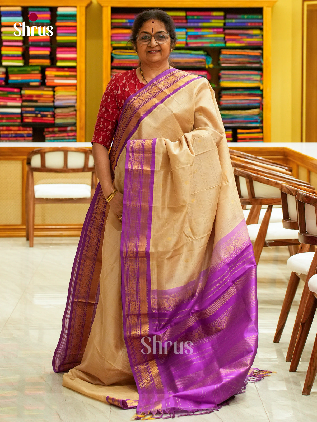 Sandal Silk Cotton Saree with Checks with Buttas and Peacock Buttas | Purple Contrast Border