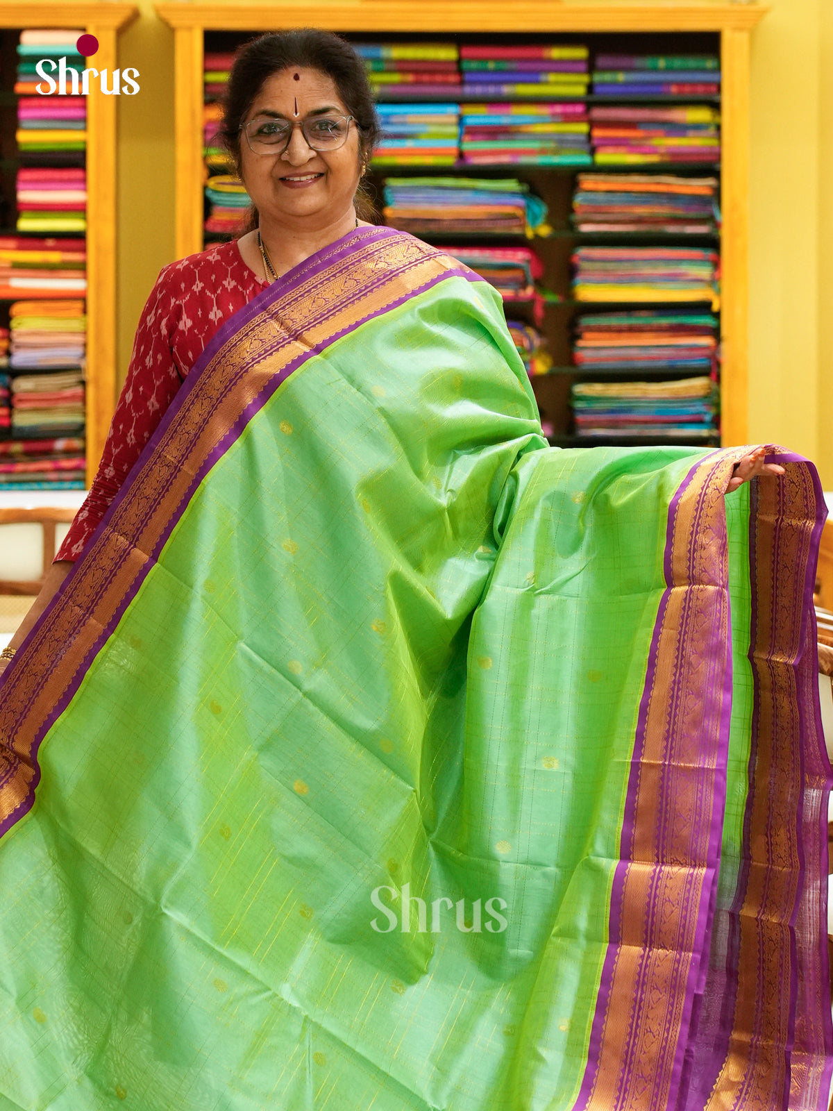 Pista Green Silk Cotton Saree with Checks with Buttas and Peacock Buttas | Violet Contrast Border