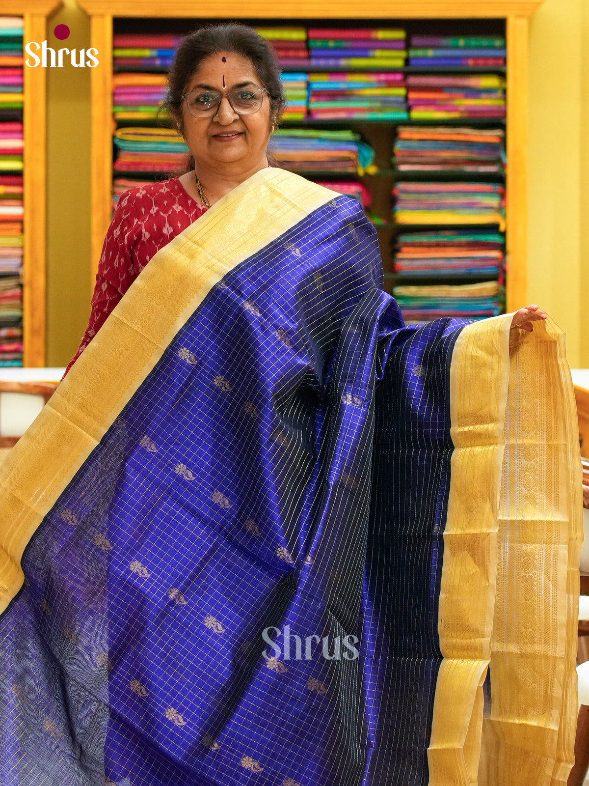 Royal Blue Silk Cotton Saree with Checks with Buttas and Floral Buttas | Grey Contrast Border