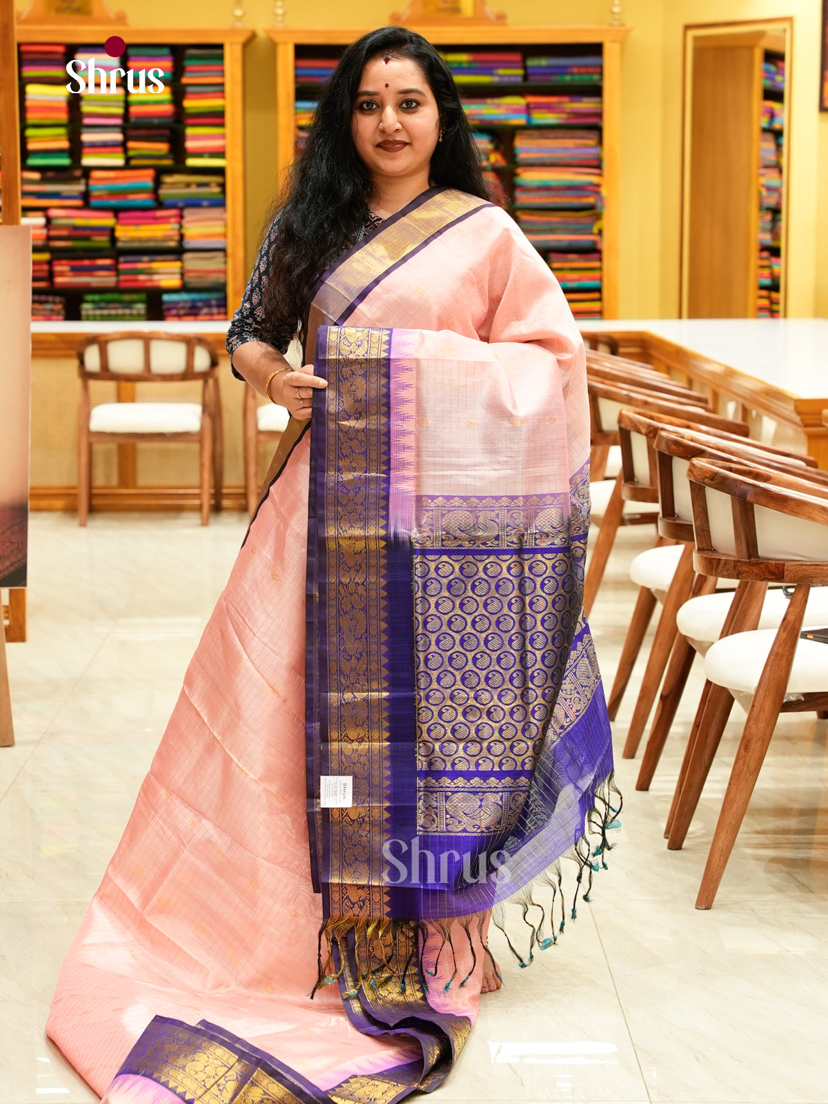 Baby Pink Silk Cotton Saree with Checks | Violet Contrast Border