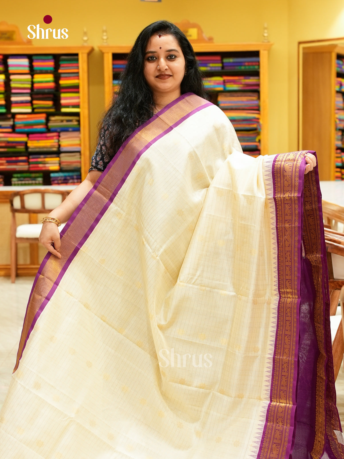 Off-White Silk Cotton Saree with Checks with Buttas and Floral Buttas | Purple Contrast Border