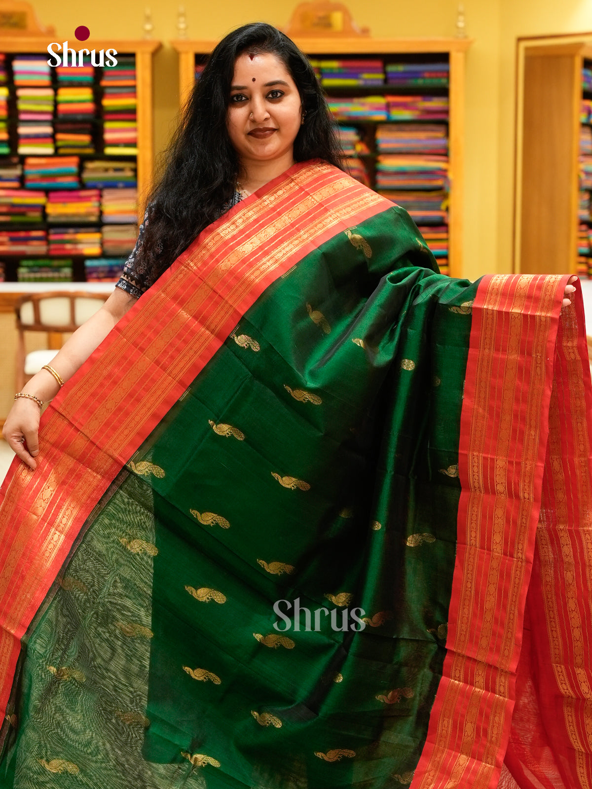 Green Silk Cotton Saree with Peacock Buttas | Maroon Non Korvai Big Border