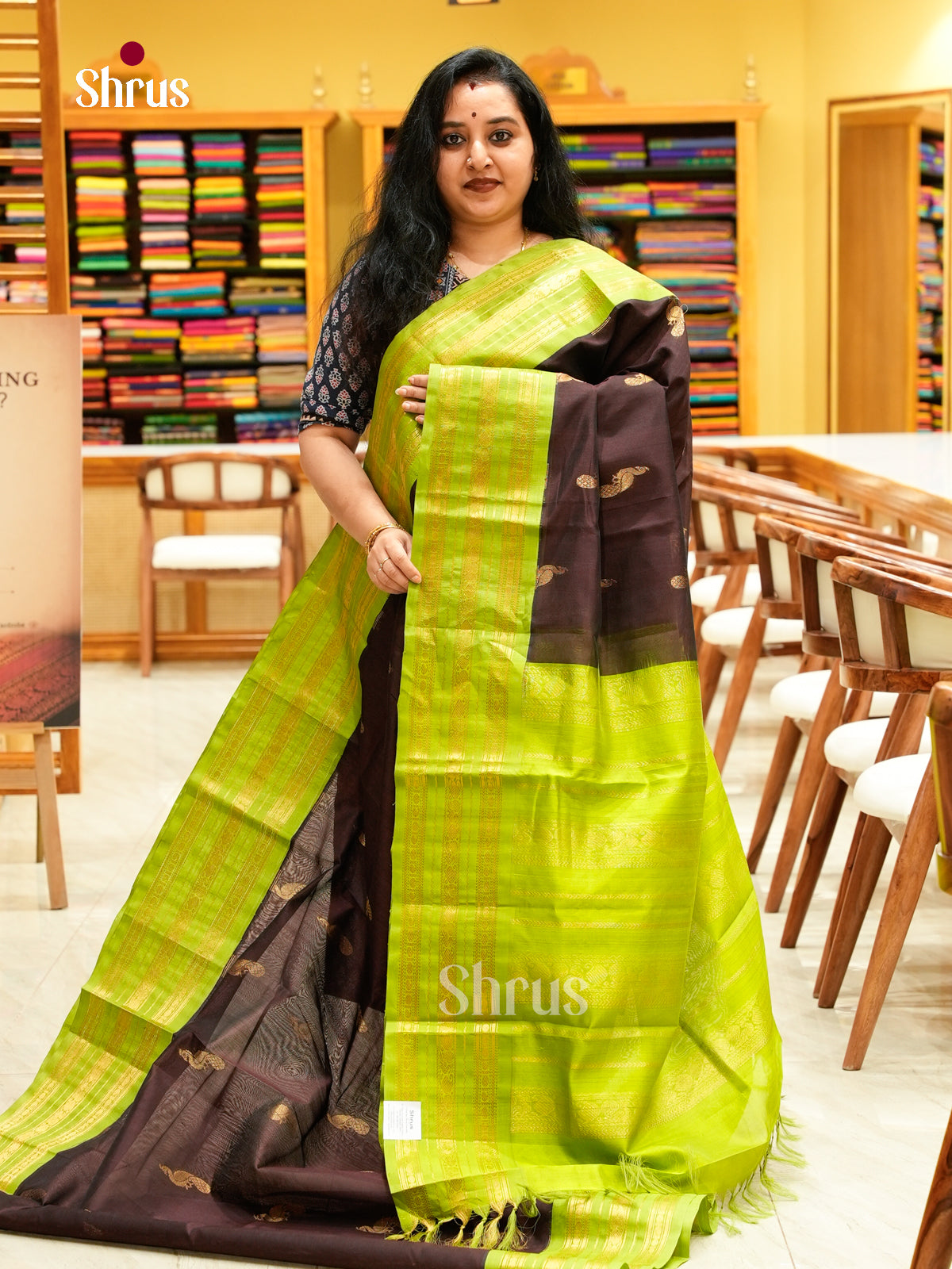 Brown Silk Cotton Saree with Peacock Buttas | Green Contrast Border