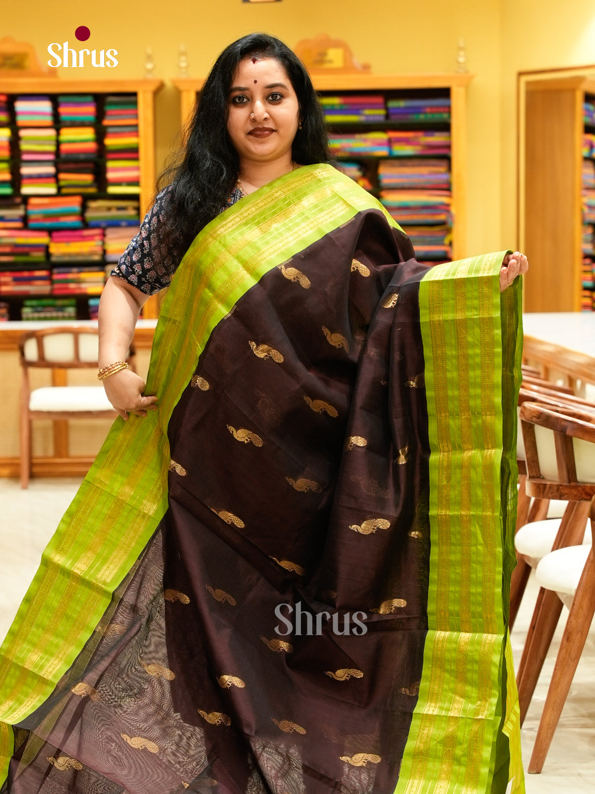 Brown Silk Cotton Saree with Peacock Buttas | Green Contrast Border