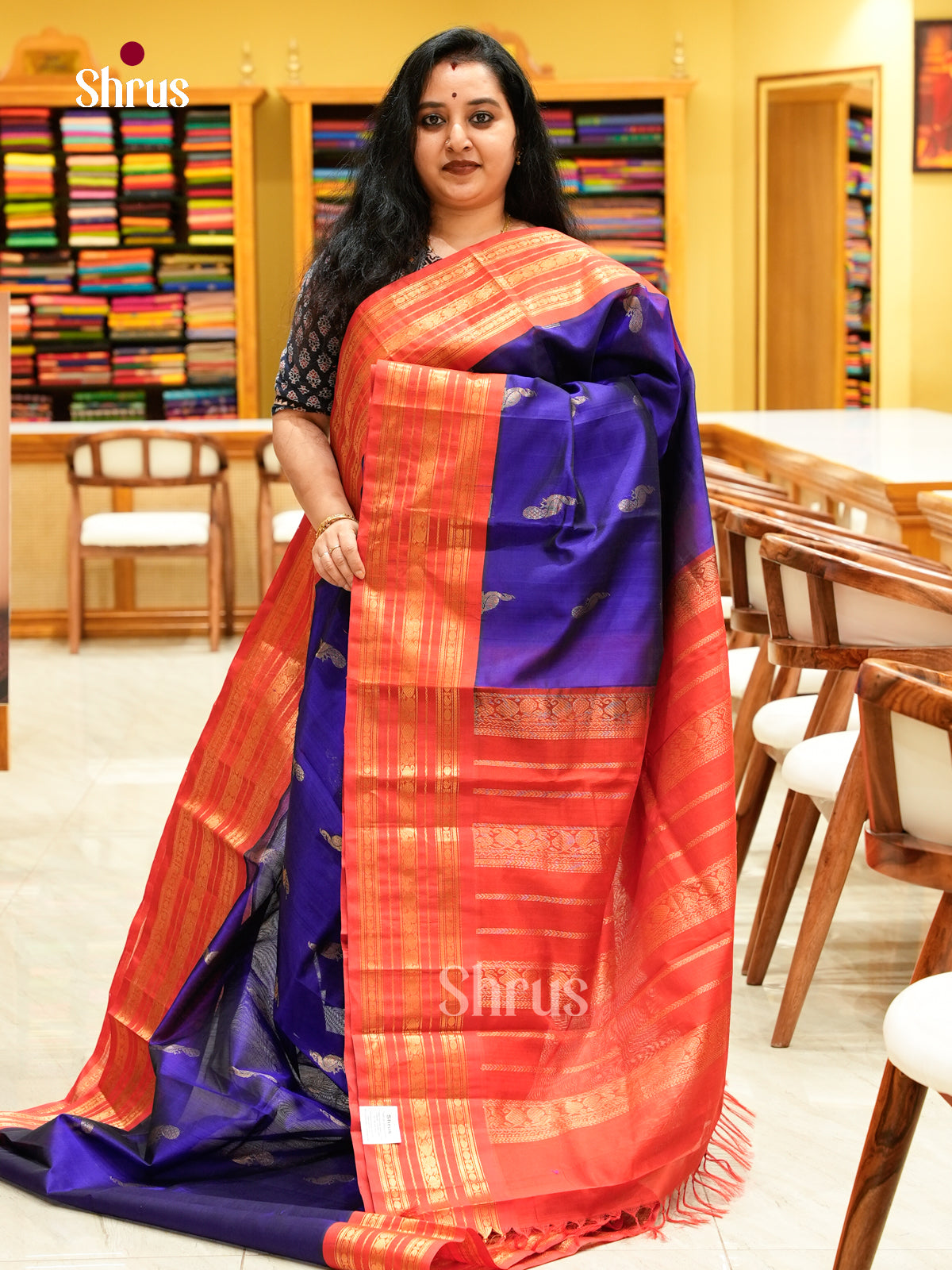 Violet Silk Cotton Saree with Peacock Buttas | Red Contrast Border