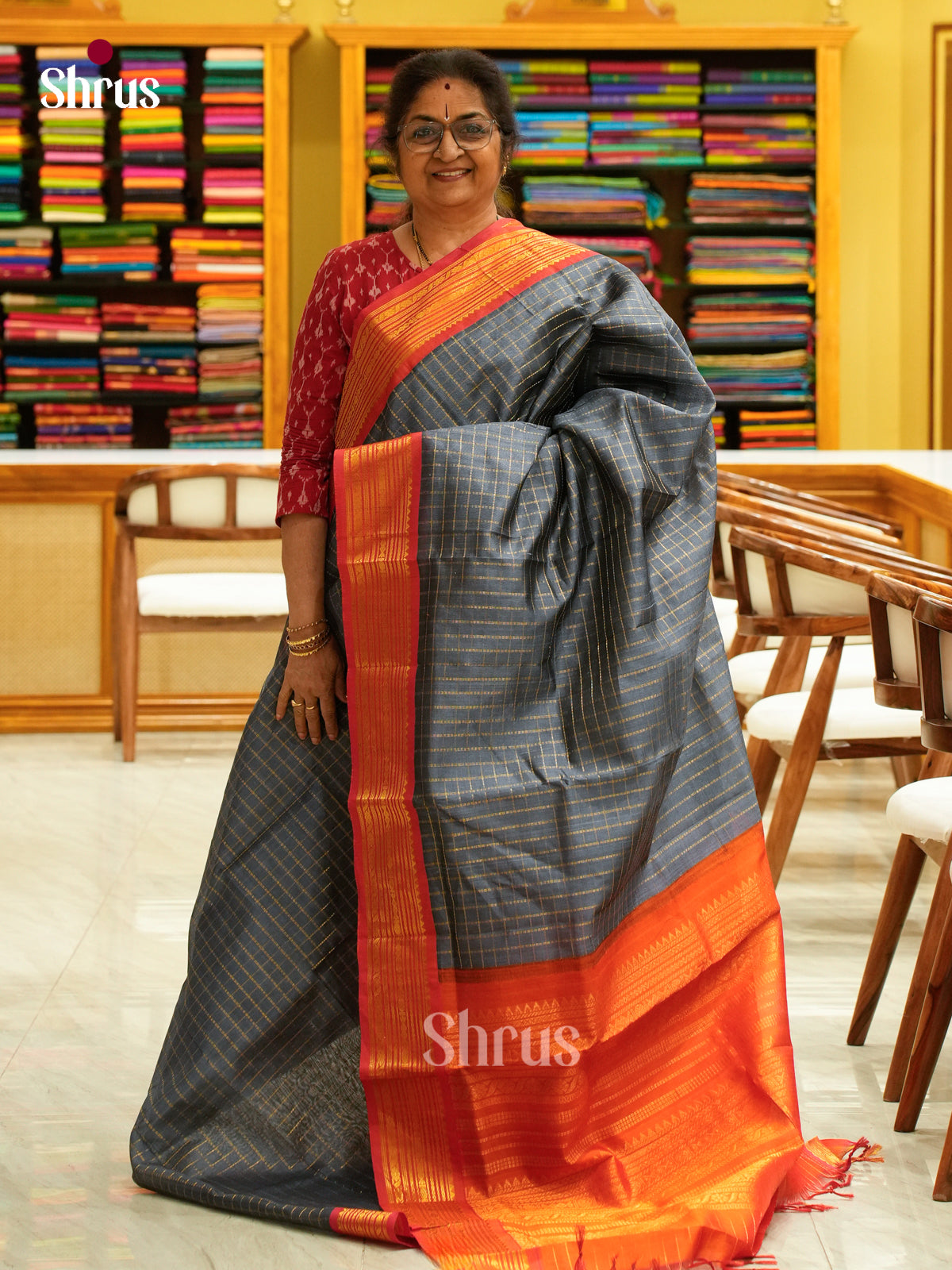 Grey Silk Cotton Saree with Checks | Dark Orange Contrast Border