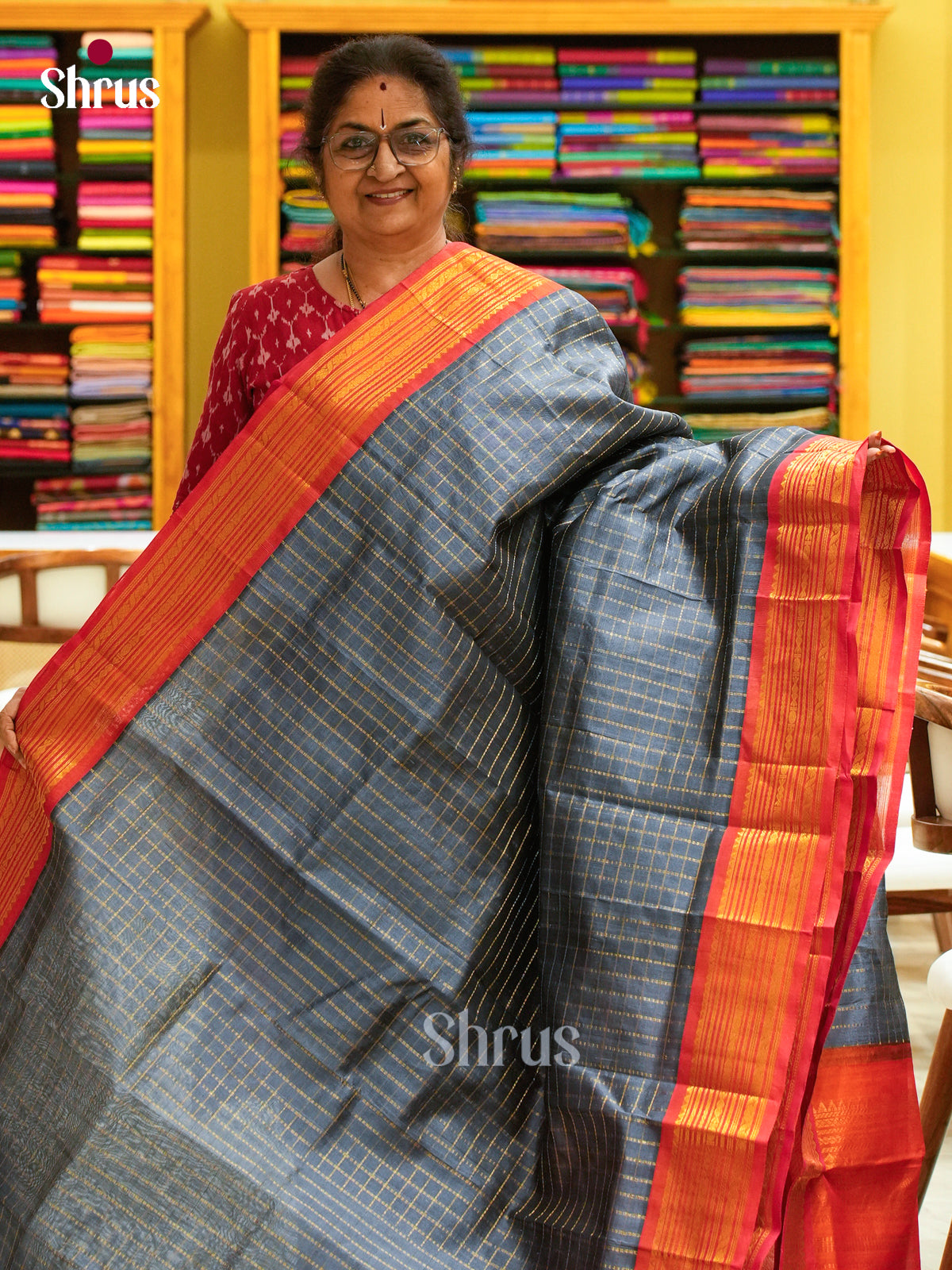 Grey Silk Cotton Saree with Checks | Dark Orange Contrast Border