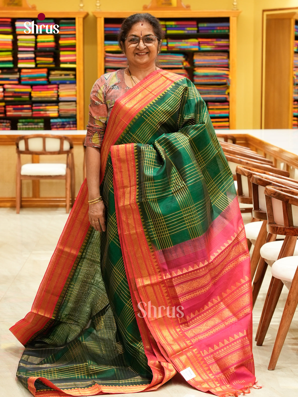 Emerald Green Silk Cotton Saree with Checks | Pink Contrast Border