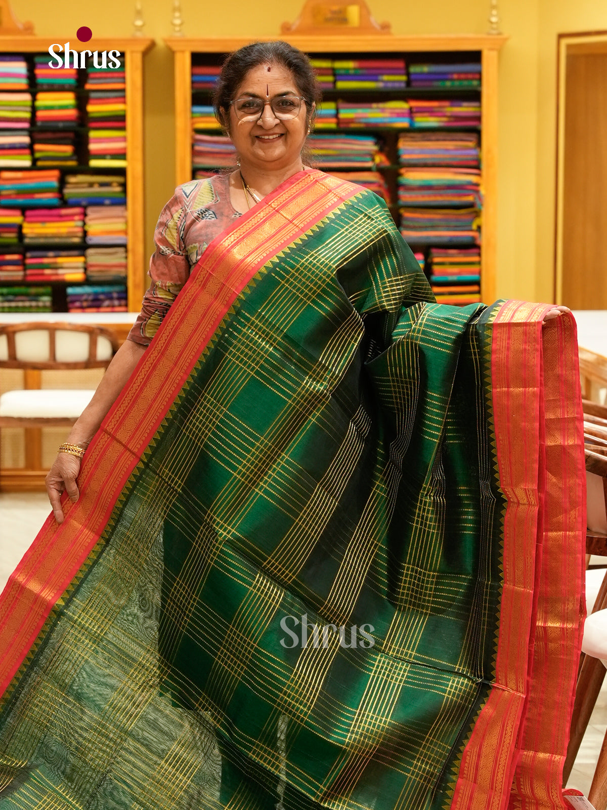 Emerald Green Silk Cotton Saree with Checks | Pink Contrast Border