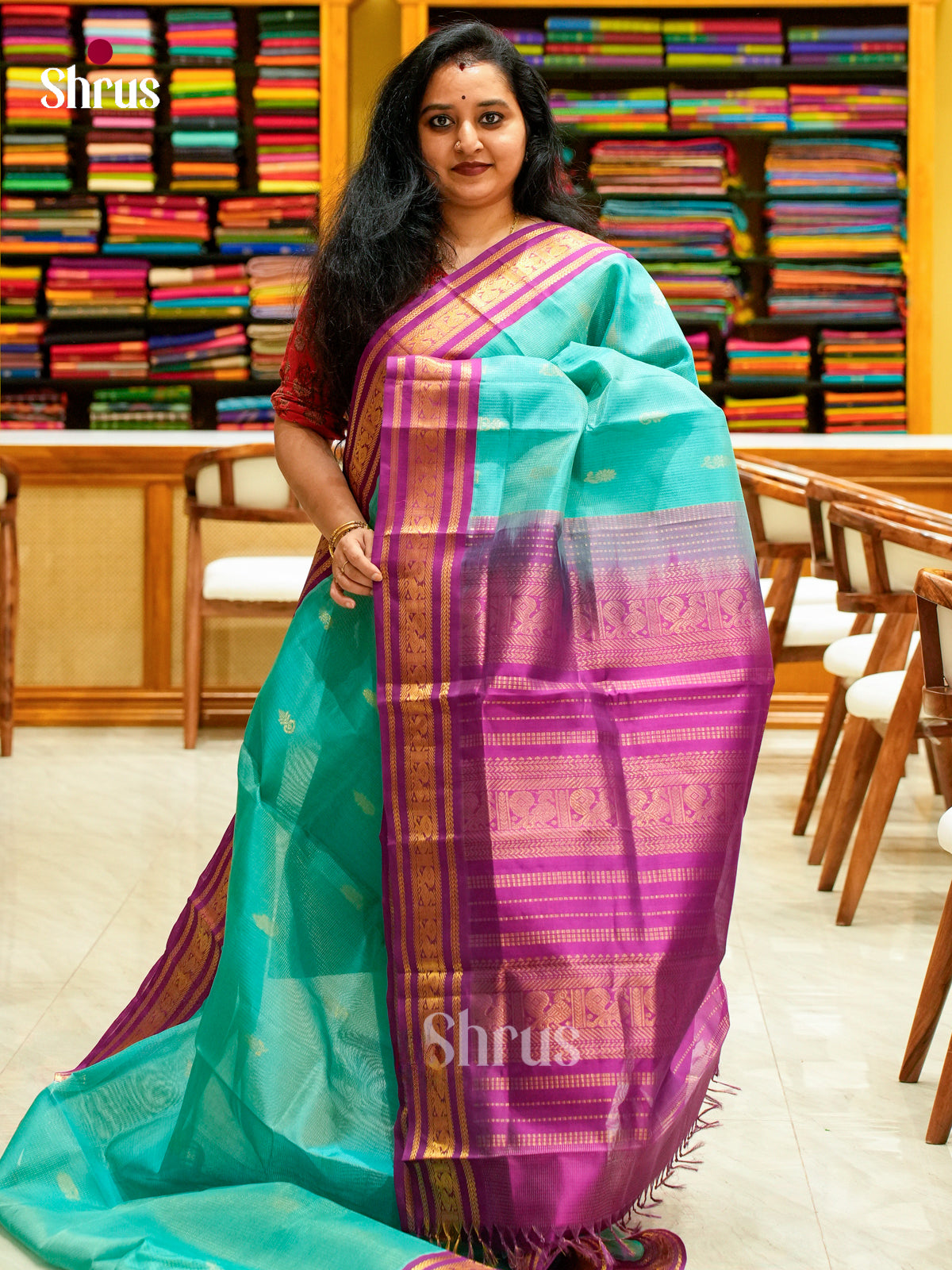 Turquoise Silk Cotton Saree with Stripes and Vaira Oosi | Pink Contrast Border - Shop on Shrus.com