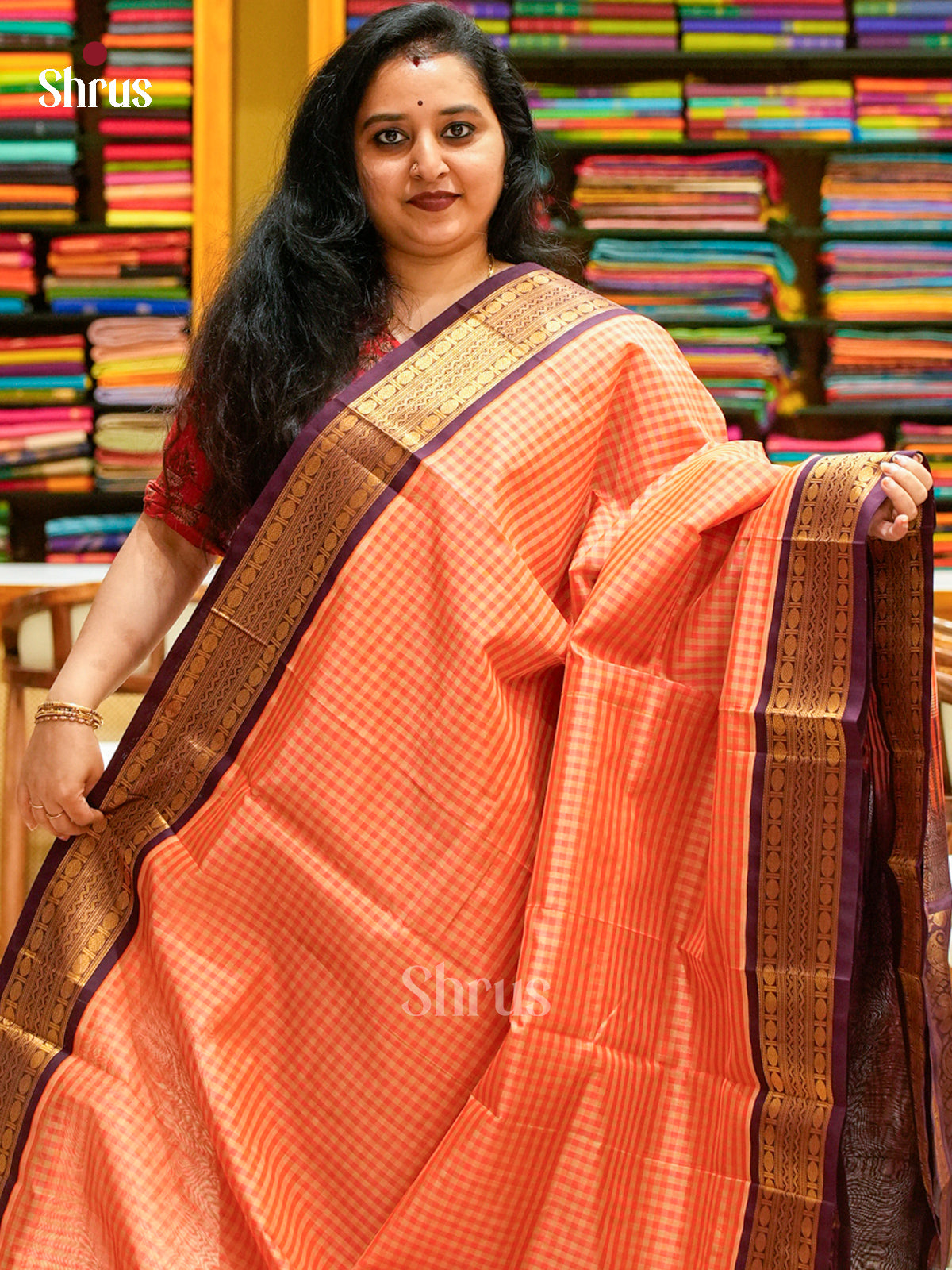 Orange Silk Cotton Saree with Checks | Brown Contrast Border - Shop on Shrus.com