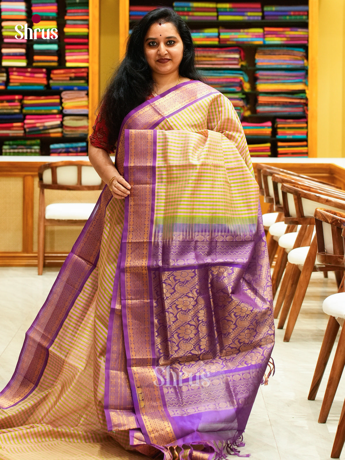 Green Silk Cotton Saree with Checks | Violet Contrast Border - Shop on Shrus.com