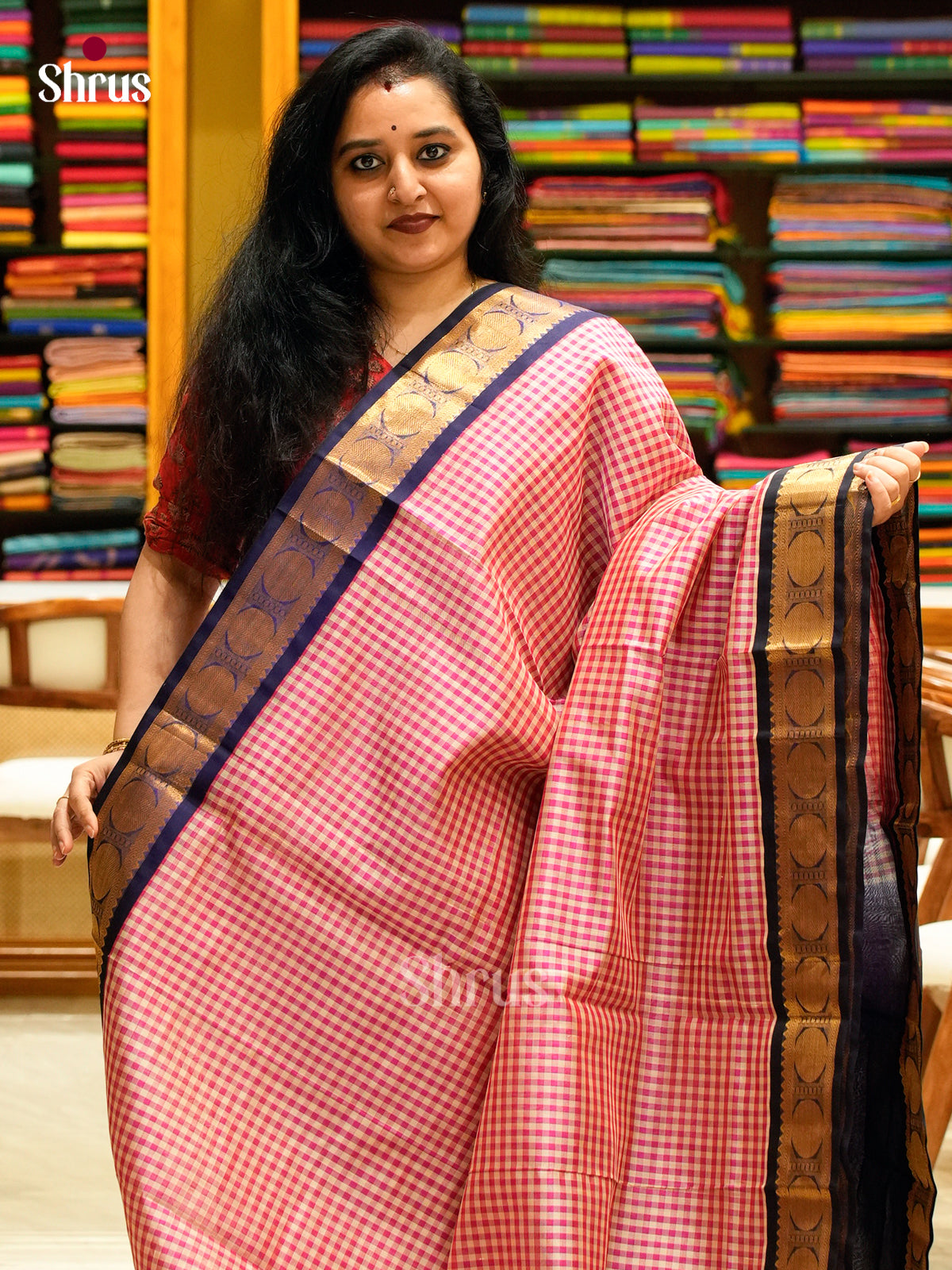 Pink Silk Cotton Saree with Checks | Blue Contrast Border — Contrast Border with Motifs - Shop on Shrus.com