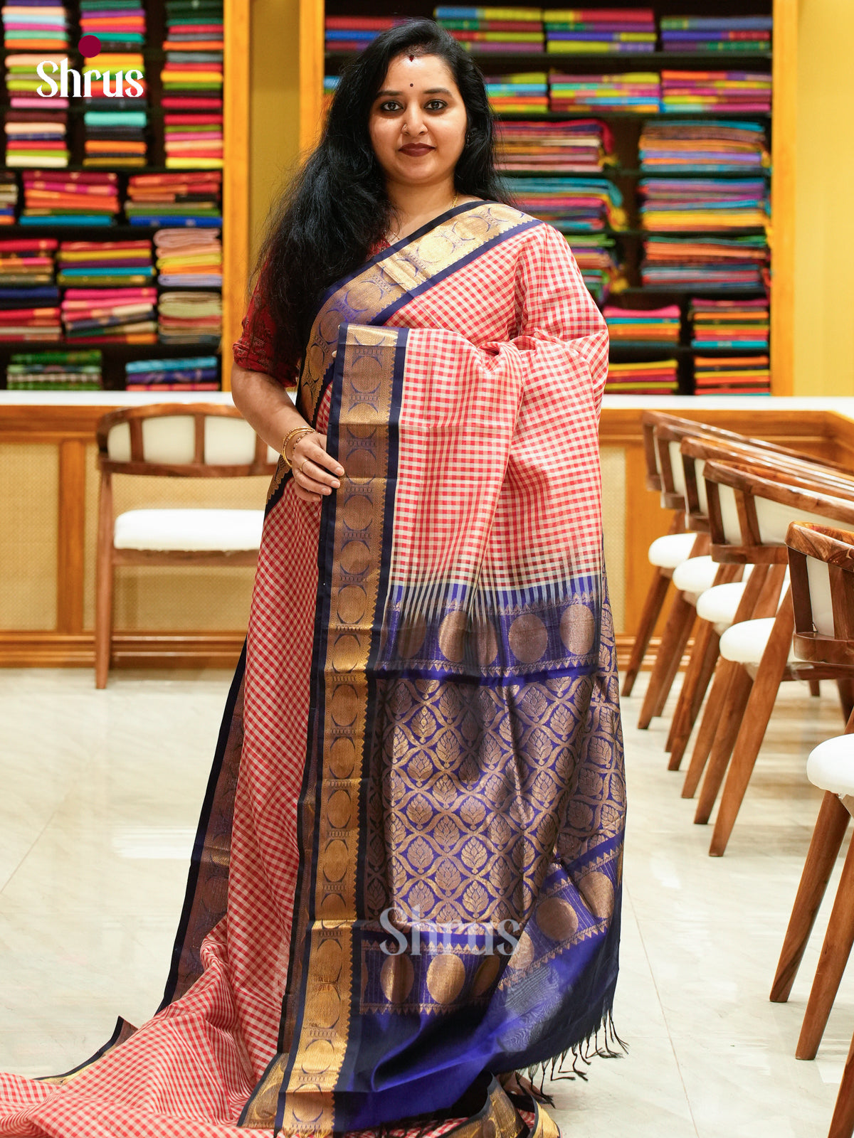 Red Silk Cotton Saree with Checks | Blue Contrast Border