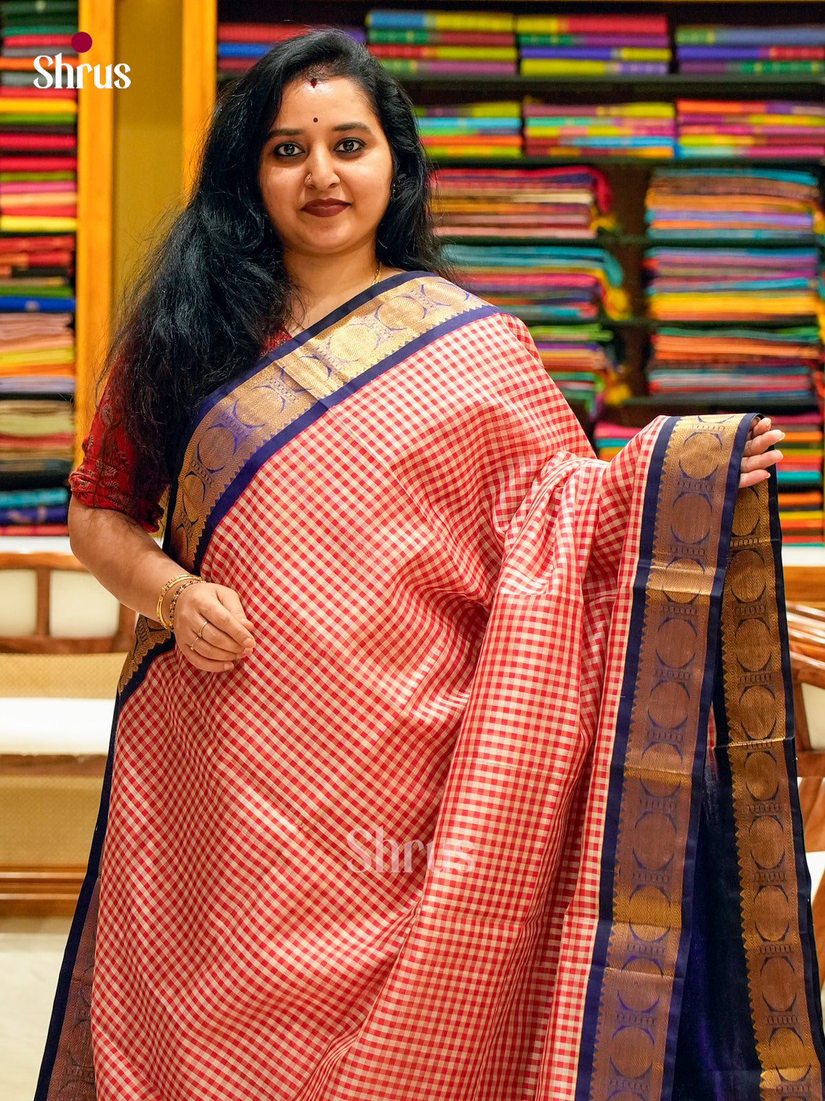 Red Silk Cotton Saree with Checks | Blue Contrast Border