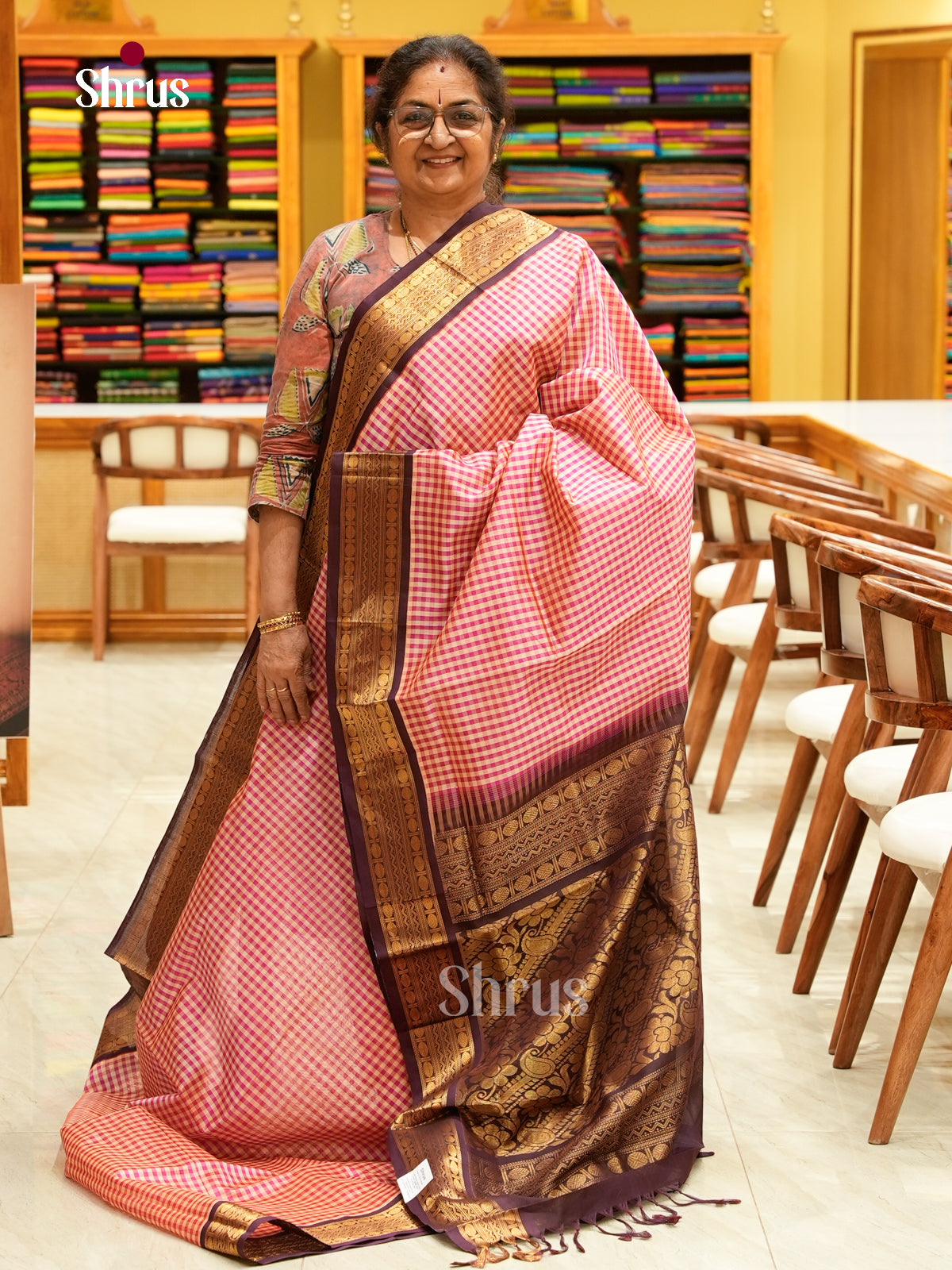 Pink Silk Cotton Saree with Checks | Dark Brown Contrast Border