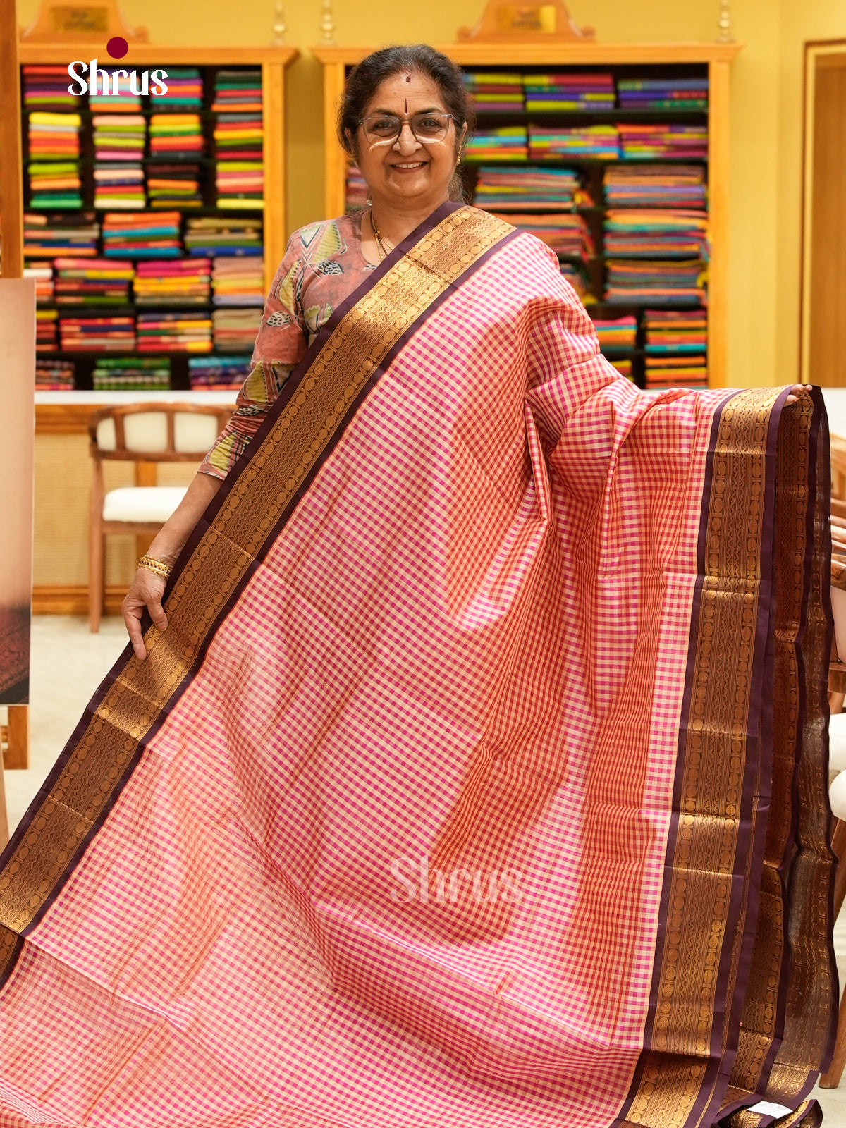 Pink Silk Cotton Saree with Checks | Dark Brown Contrast Border