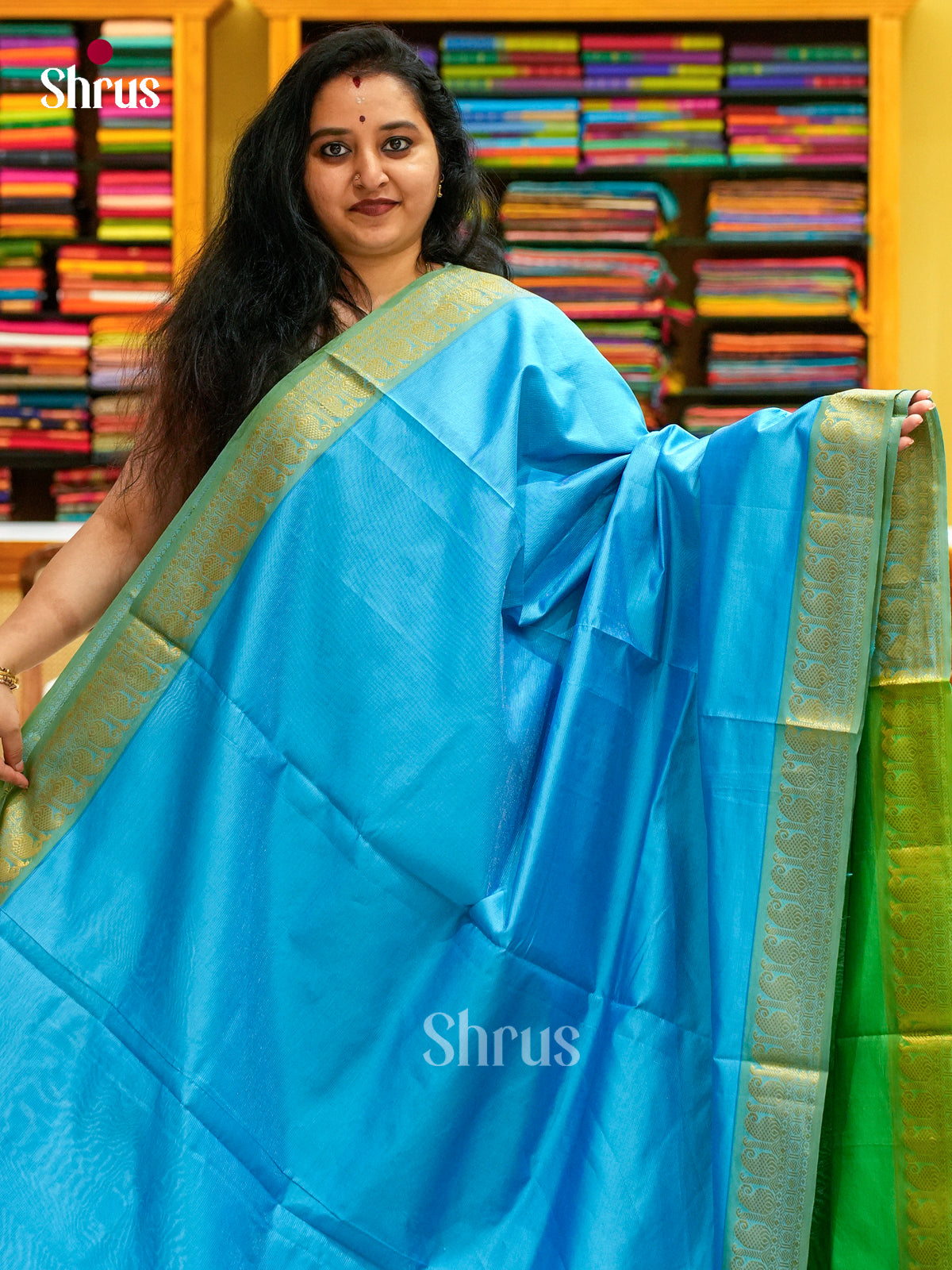 Sky Blue Halfpure Silk Cotton Saree with Stripes and Vaira Oosi | Green Contrast Border