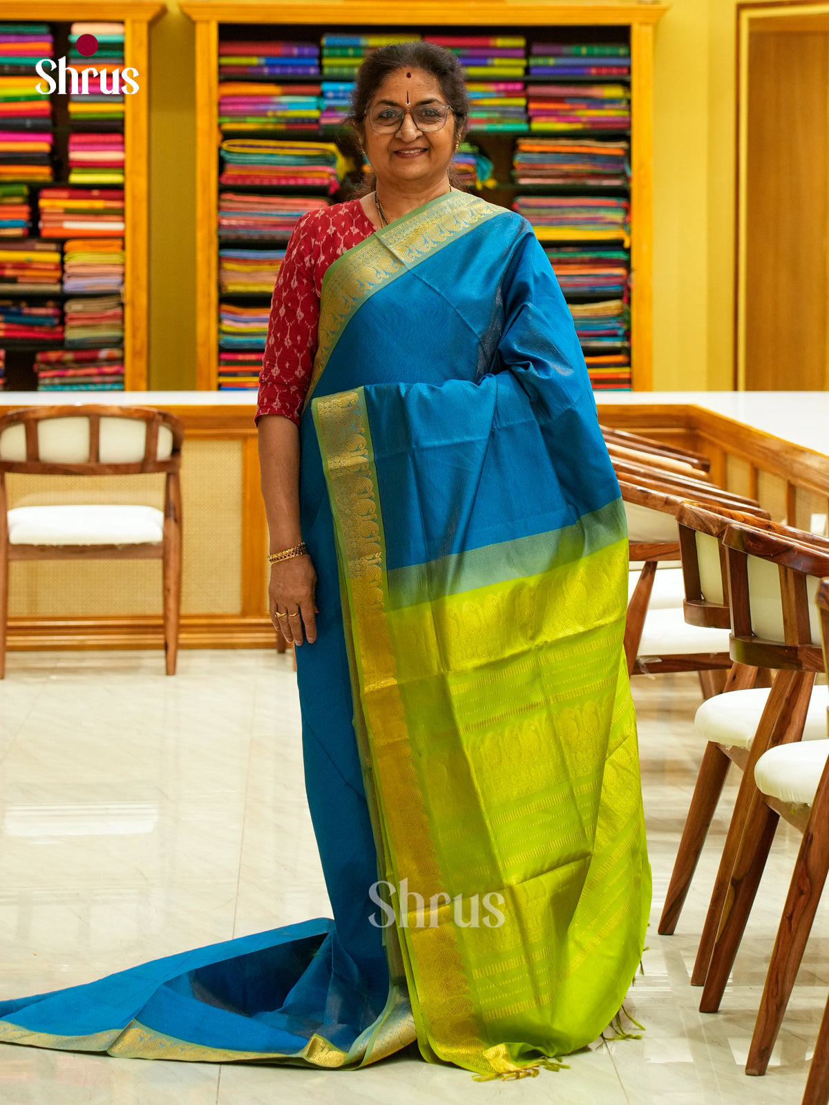 Peacock Blue Halfpure Silk Cotton Saree with Lines and Vaira Oosi | Lime Green Contrast Border