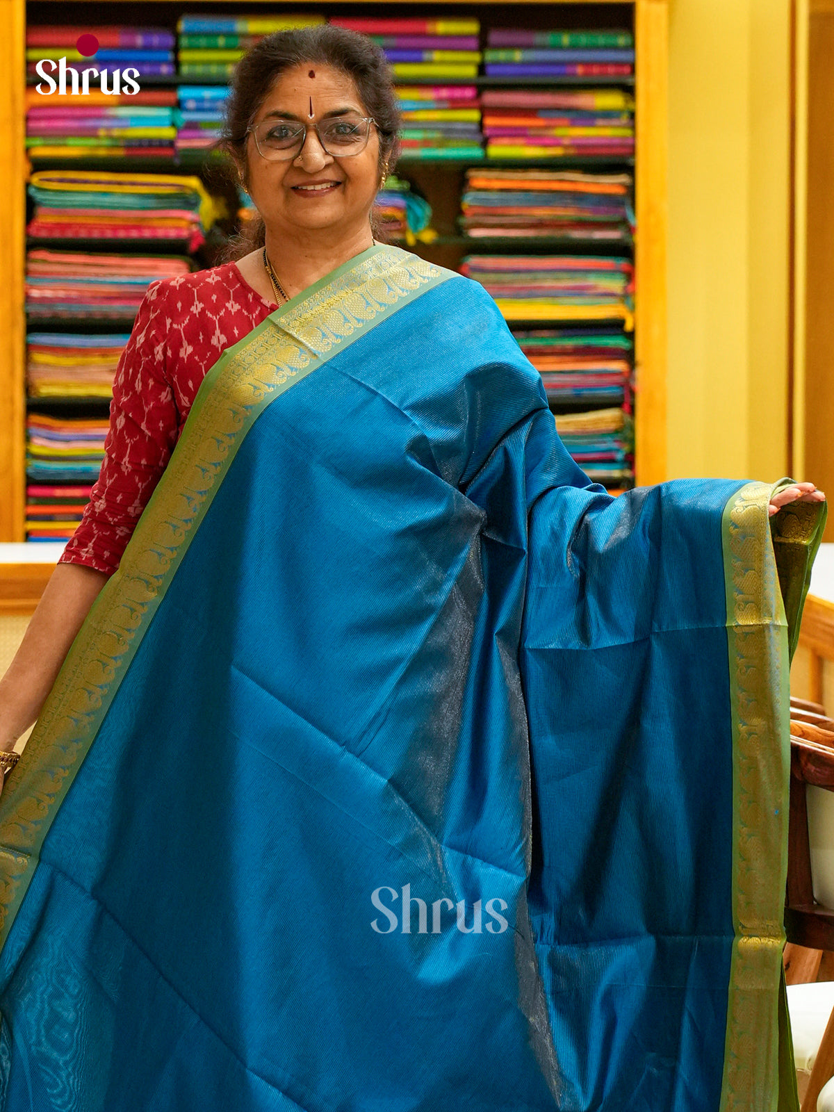 Peacock Blue Halfpure Silk Cotton Saree with Lines and Vaira Oosi | Lime Green Contrast Border
