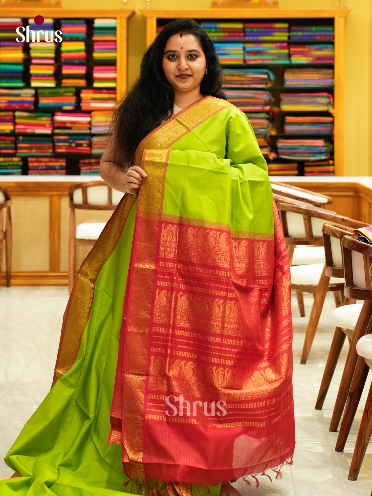 Parrot Green Halfpure Silk Cotton Saree with Lines and Vaira Oosi | Red Contrast Border