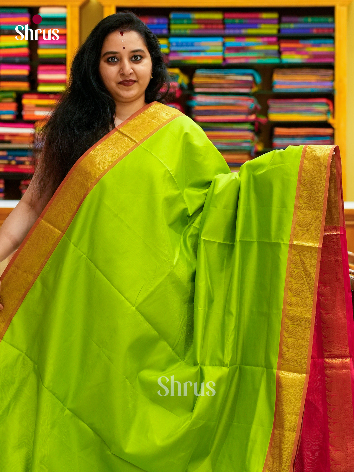 Parrot Green Halfpure Silk Cotton Saree with Lines and Vaira Oosi | Red Contrast Border
