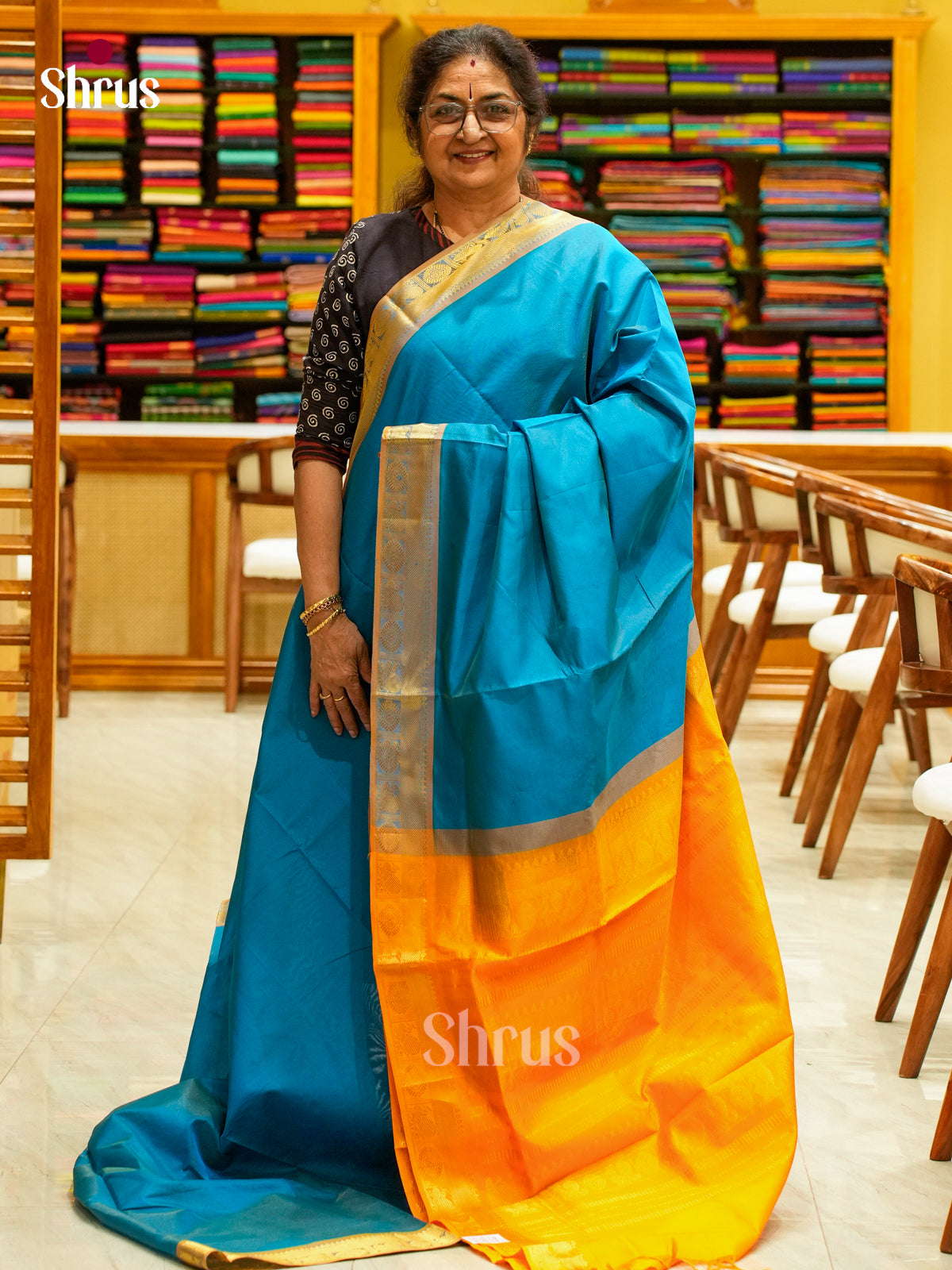 Peacock Blue Halfpure Silk Cotton Saree with Lines and Vaira Oosi | Orange Contrast Border