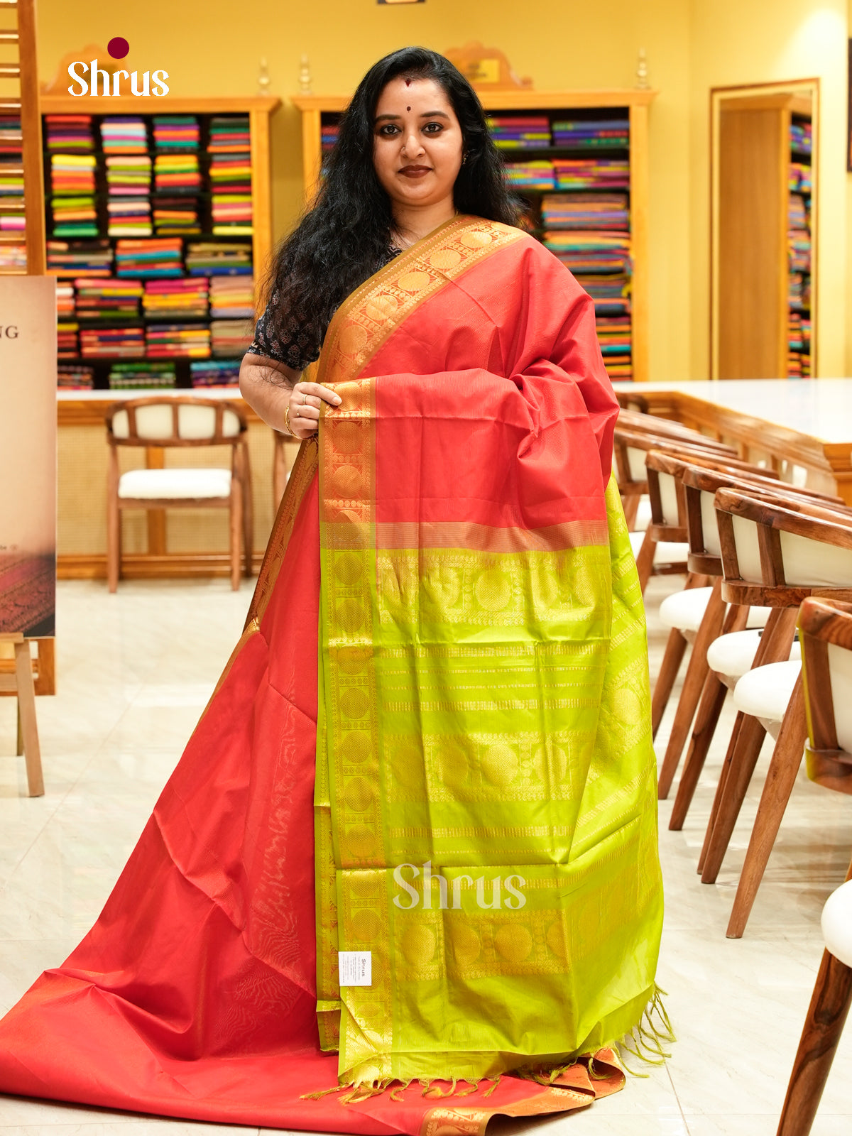 Red Halfpure Silk Cotton Saree with Lines and Vaira Oosi | Parrot Green Contrast Border