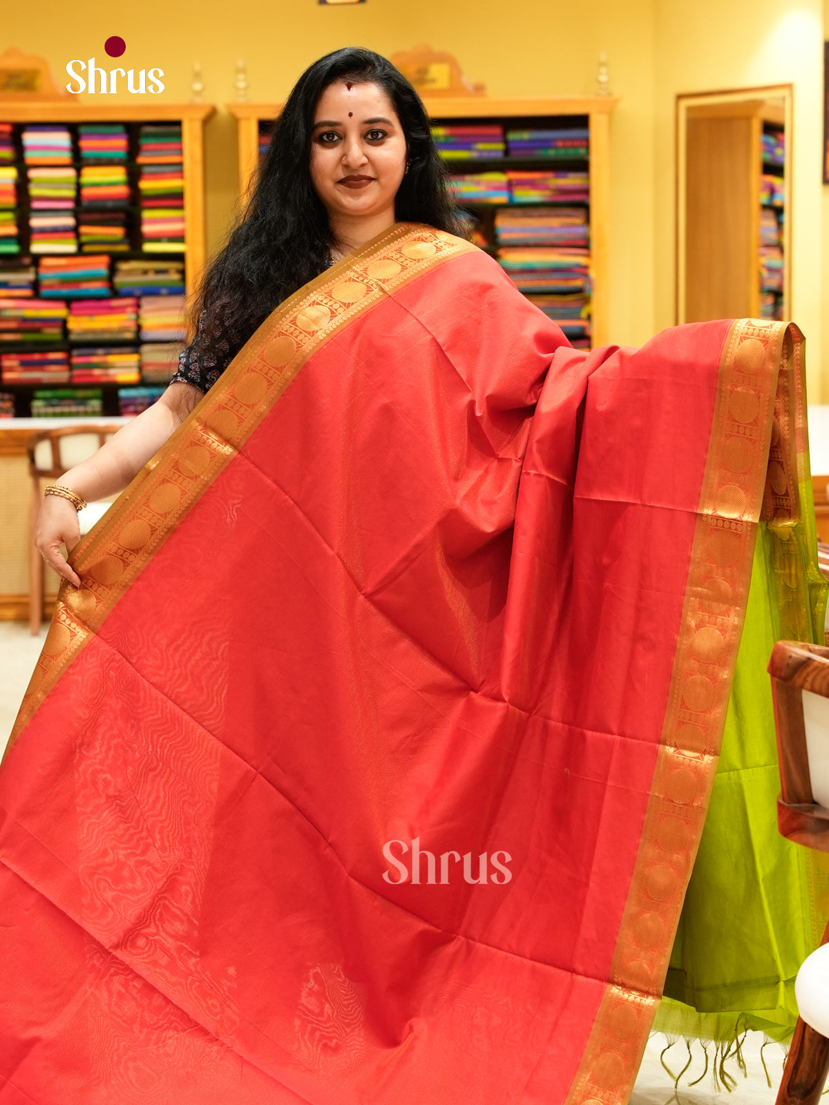 Red Halfpure Silk Cotton Saree with Lines and Vaira Oosi | Parrot Green Contrast Border