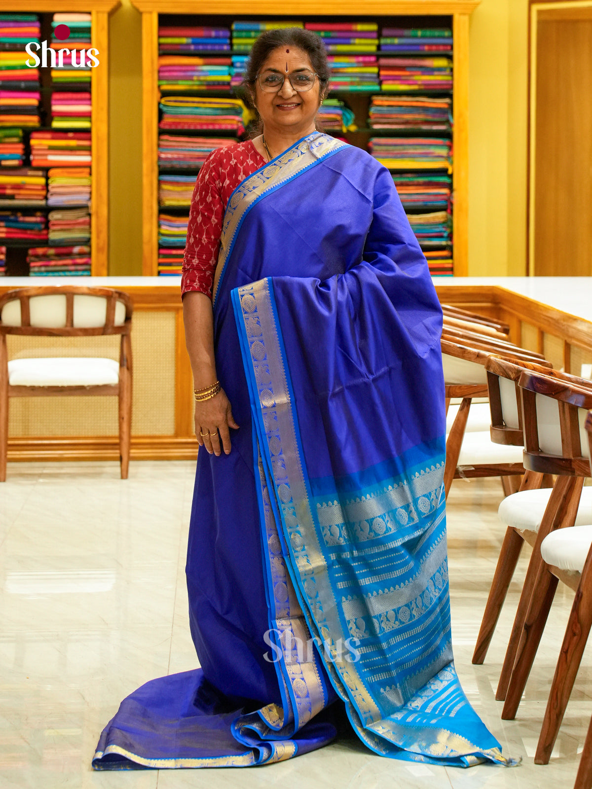 Royal Blue Silk Cotton Saree with Checks with Buttas and Peacock Buttas | Teal Blue Contrast Border