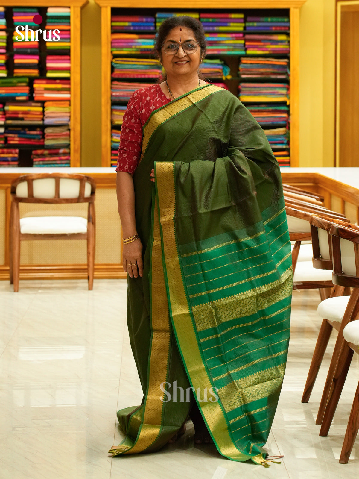 Dark Green Halfpure Silk Cotton Saree with Stripes and Vaira Oosi | Green Contrast Border