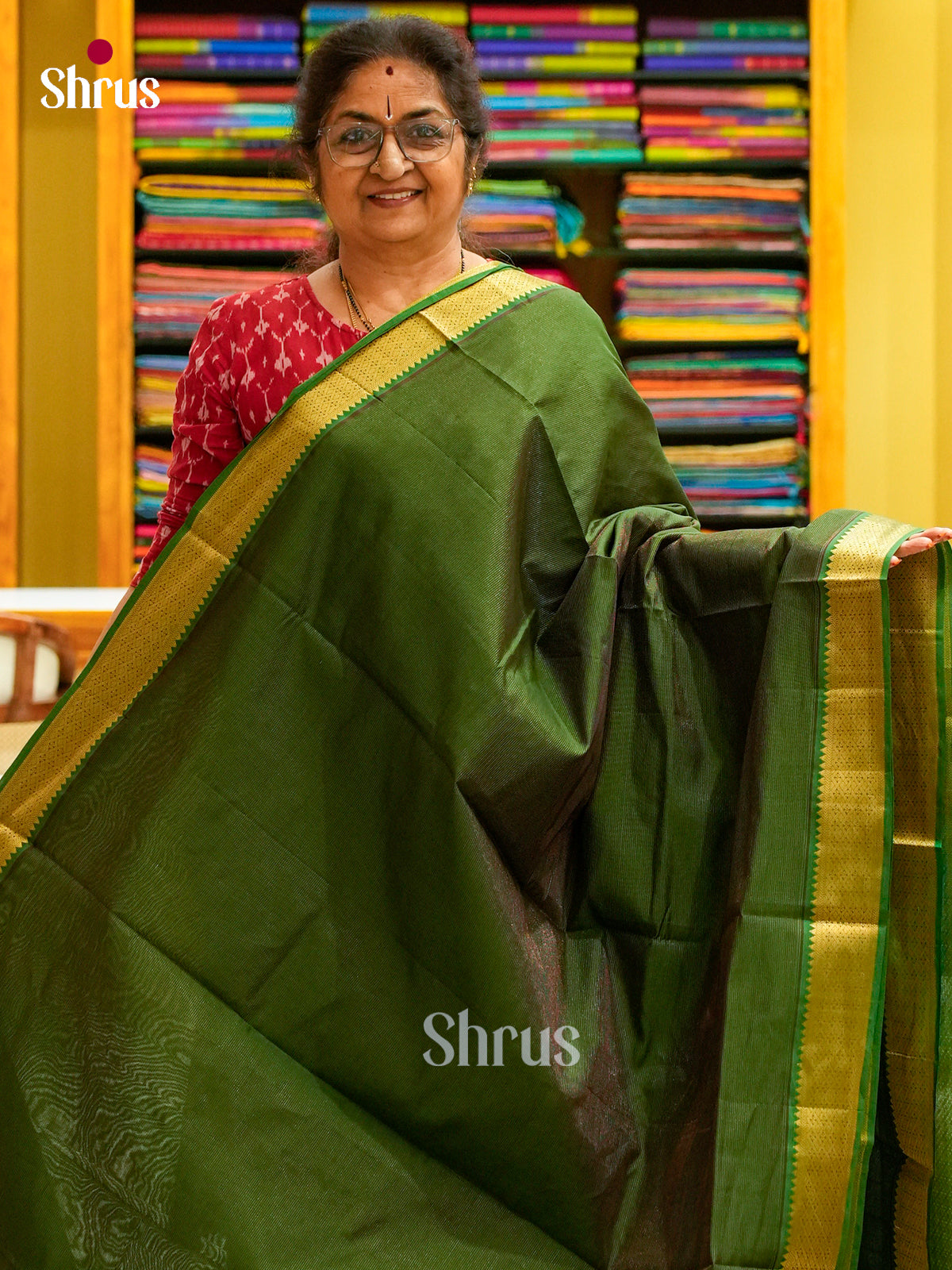 Dark Green Halfpure Silk Cotton Saree with Stripes and Vaira Oosi | Green Contrast Border