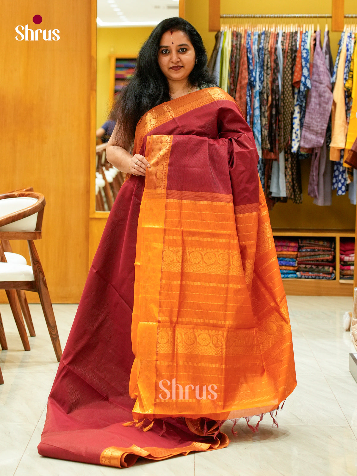 Maroon Halfpure Silk Cotton Saree with Stripes and Vaira Oosi | Orange Contrast Border
