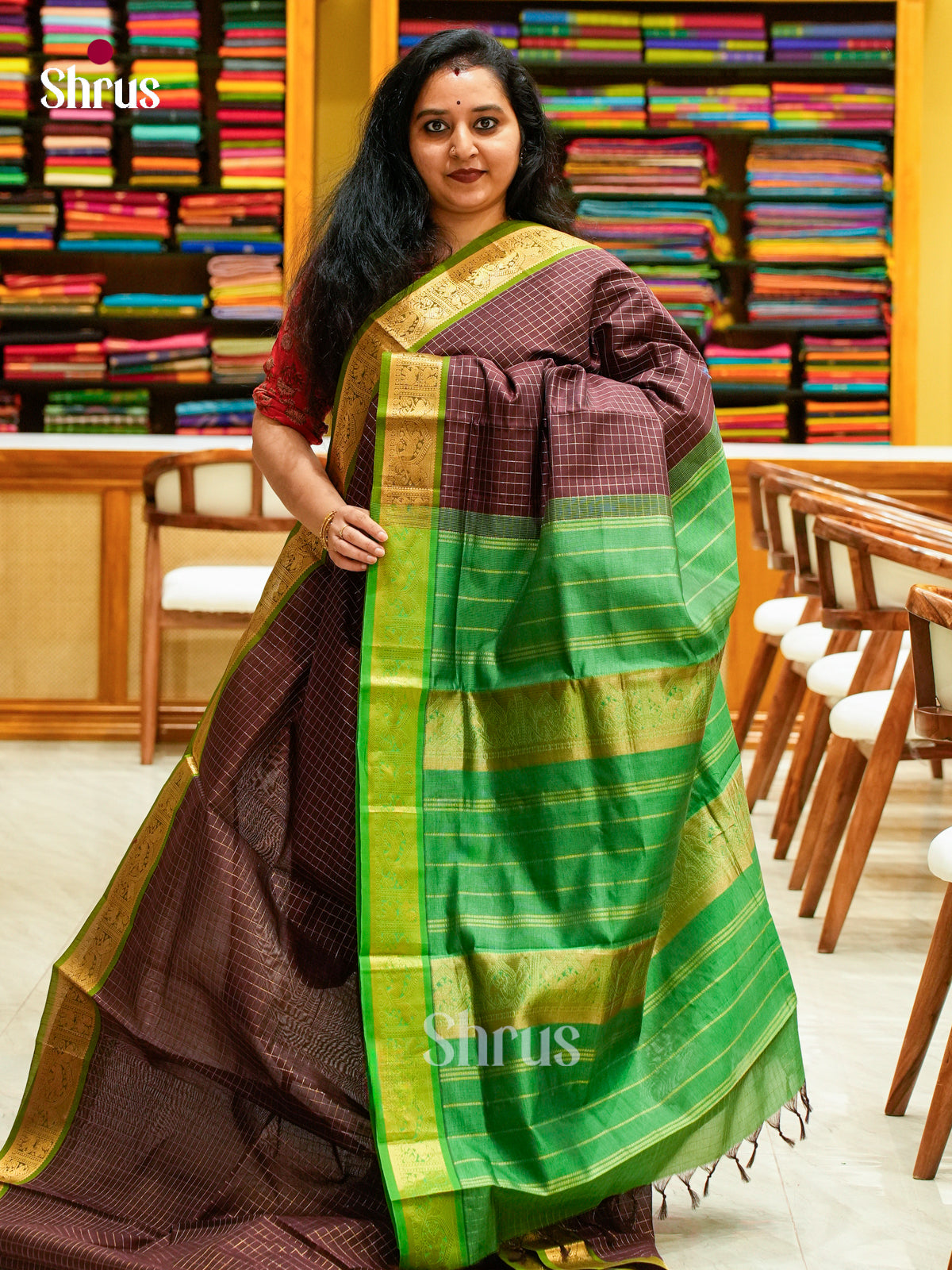 Dark Brown Halfpure Silk Cotton Saree with Checks | Green Contrast Border - Shop on Shrus.com
