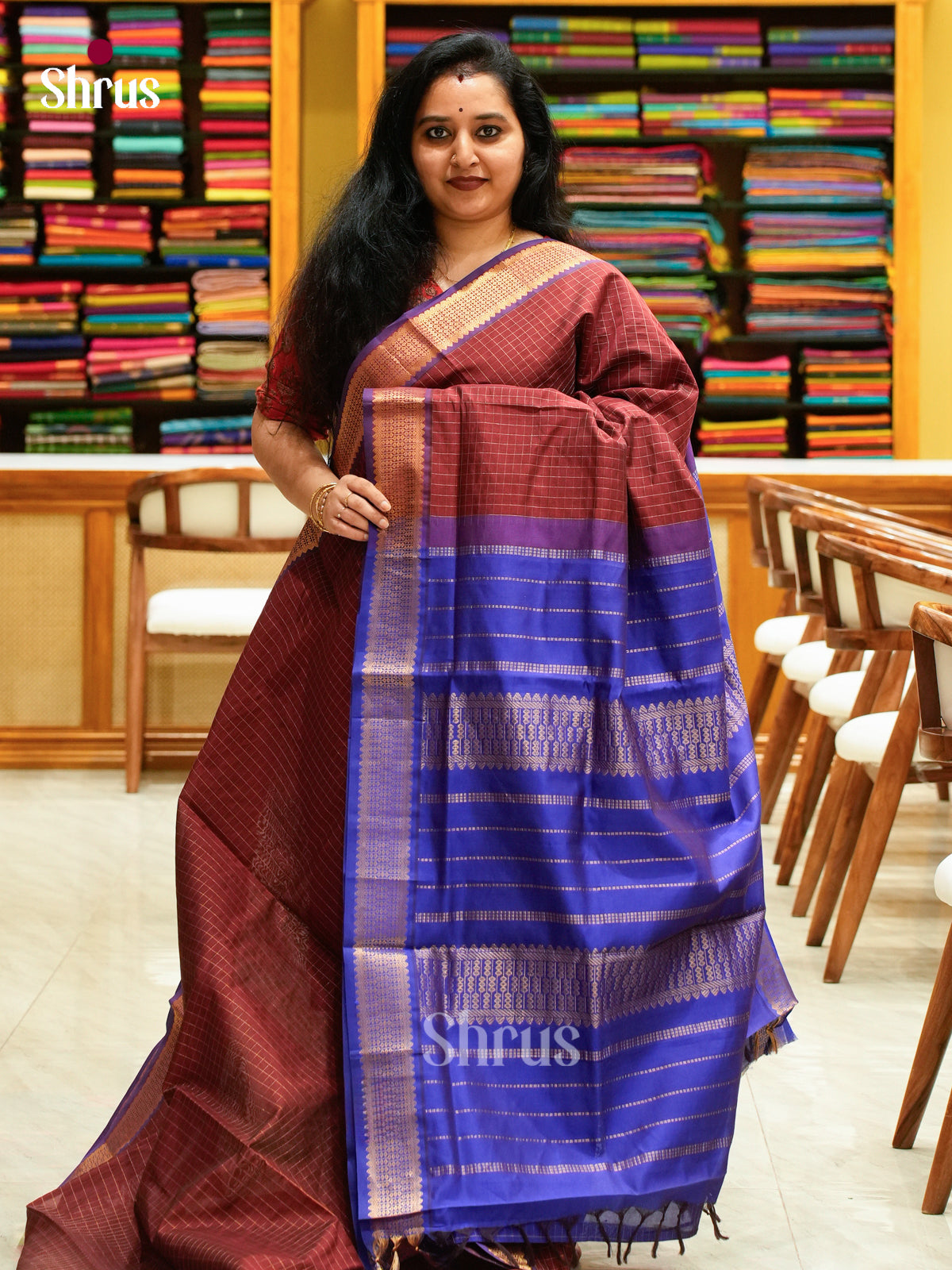 Blue Halfpure Silk Cotton Saree with Checks | Dark Brown Contrast Border - Shop on Shrus.com