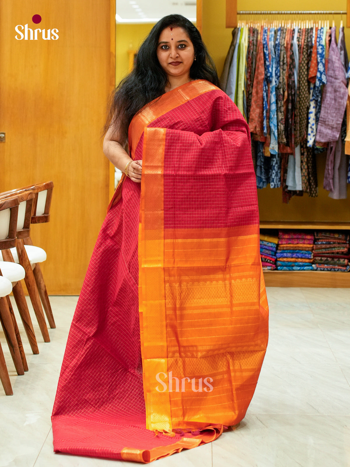 Red Halfpure Silk Cotton Saree with Checks | Dark Orange Contrast Border