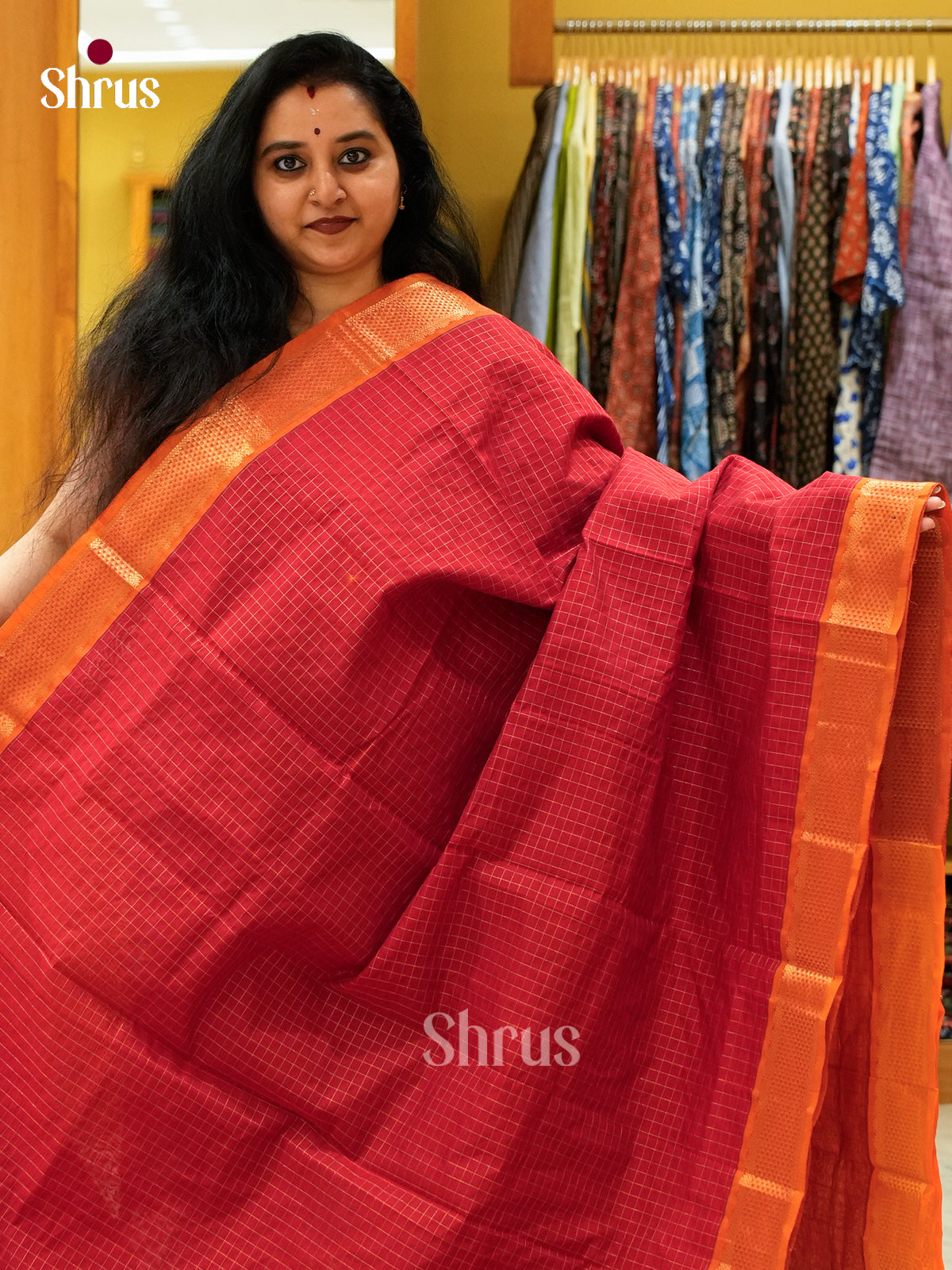 Red Halfpure Silk Cotton Saree with Checks | Dark Orange Contrast Border