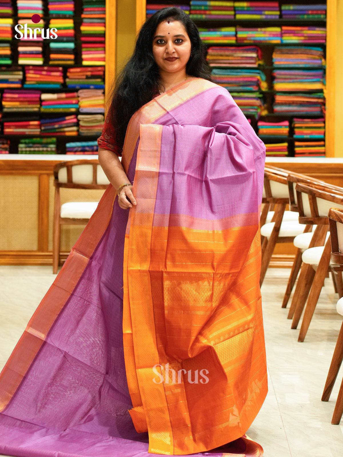 Purple Halfpure Silk Cotton Saree with Checks | Orange Contrast Border