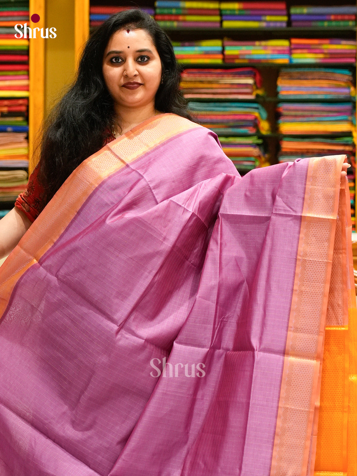 Purple Halfpure Silk Cotton Saree with Checks | Orange Contrast Border