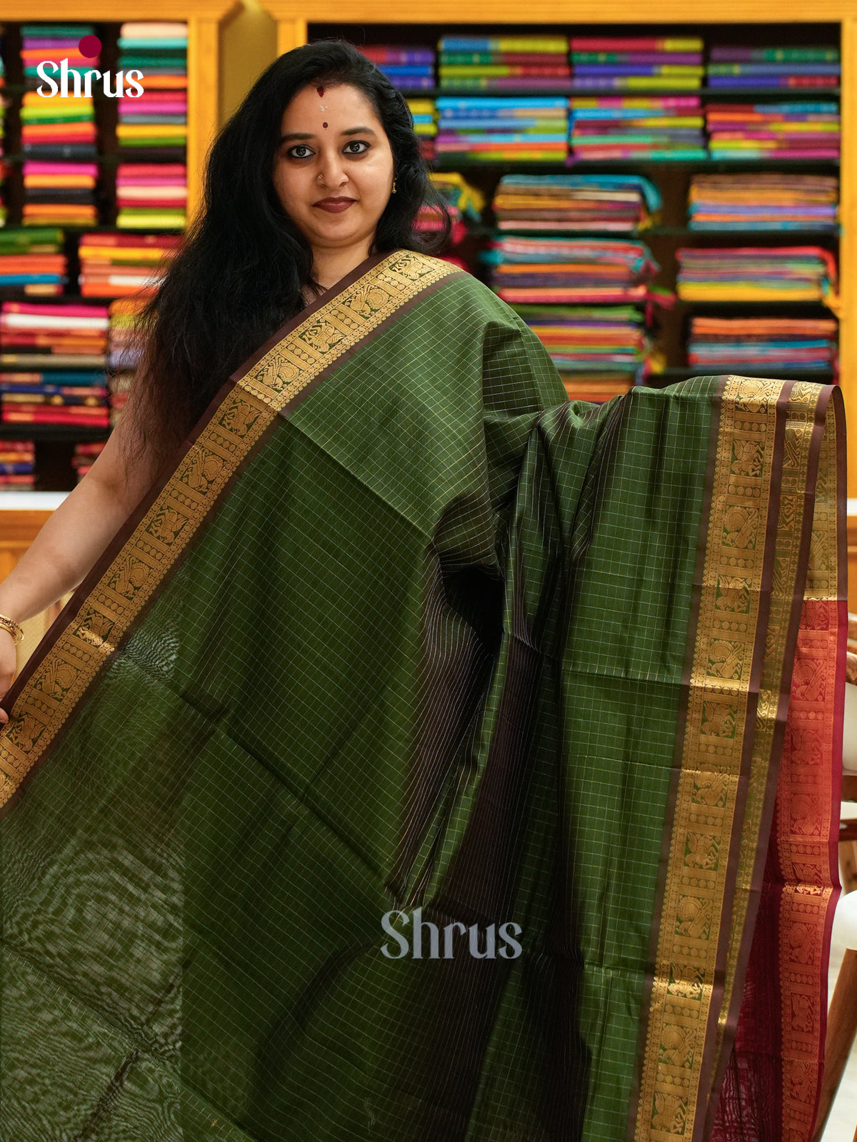 Dark Green Halfpure Silk Cotton Saree with Checks | Maroon Contrast Border