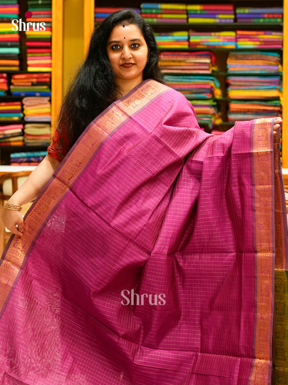 Rani Pink Halfpure Silk Cotton Saree with Checks | Dark Green Contrast Border - Shop on Shrus.com